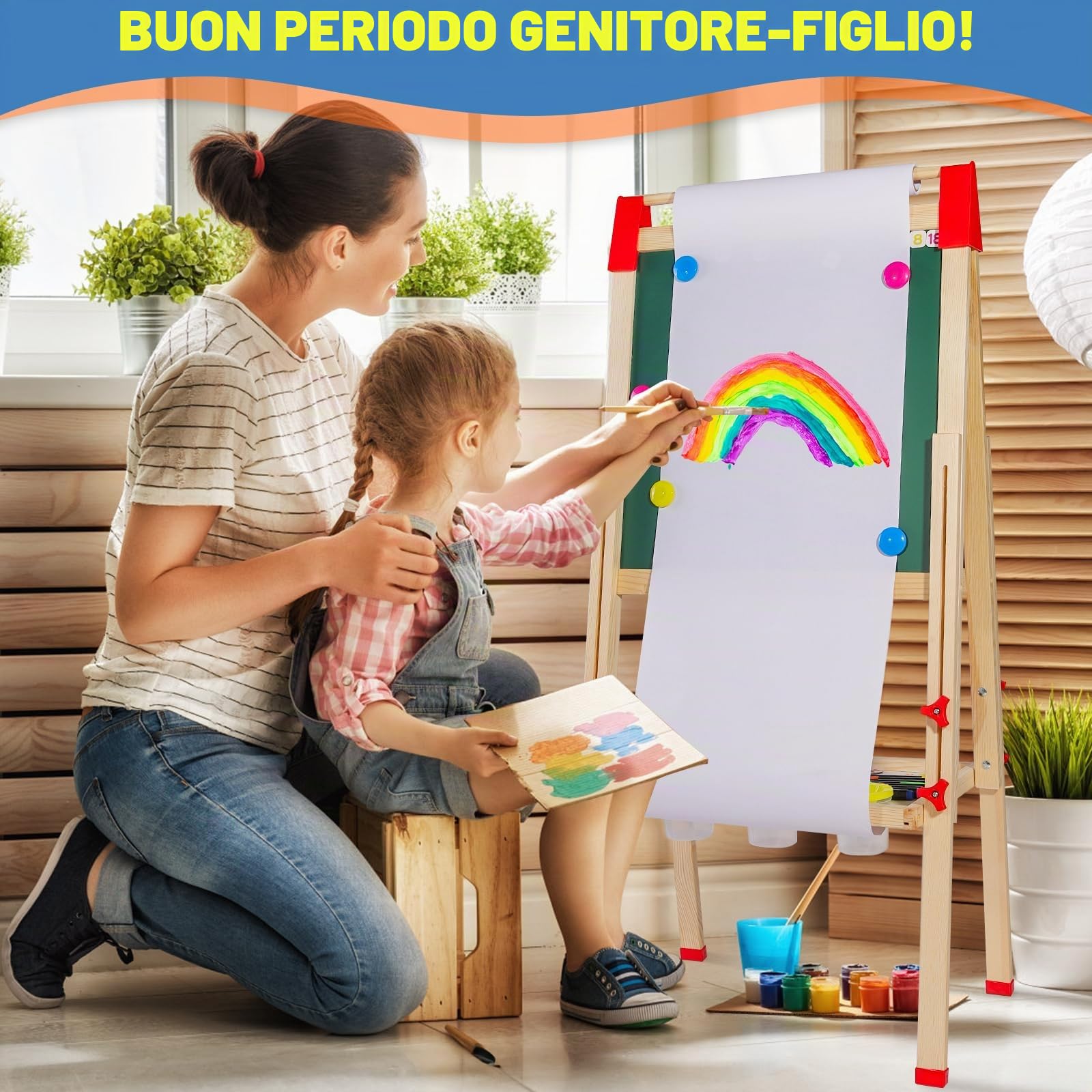 Cavalletto per Bambini in Legno con Supporto per Rotoli di Carta, Doppia Faccia, Lavagna per Giochi in Legno, Lavagna per Gessi e Lavagna Bianca per Ragazzi e Ragazze