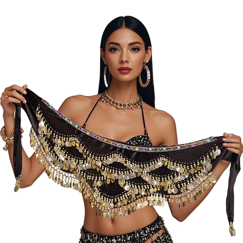 Leemiman Women's Black Belly Dance Hip Scarf For Dancing 328 Coin Belt (Black)