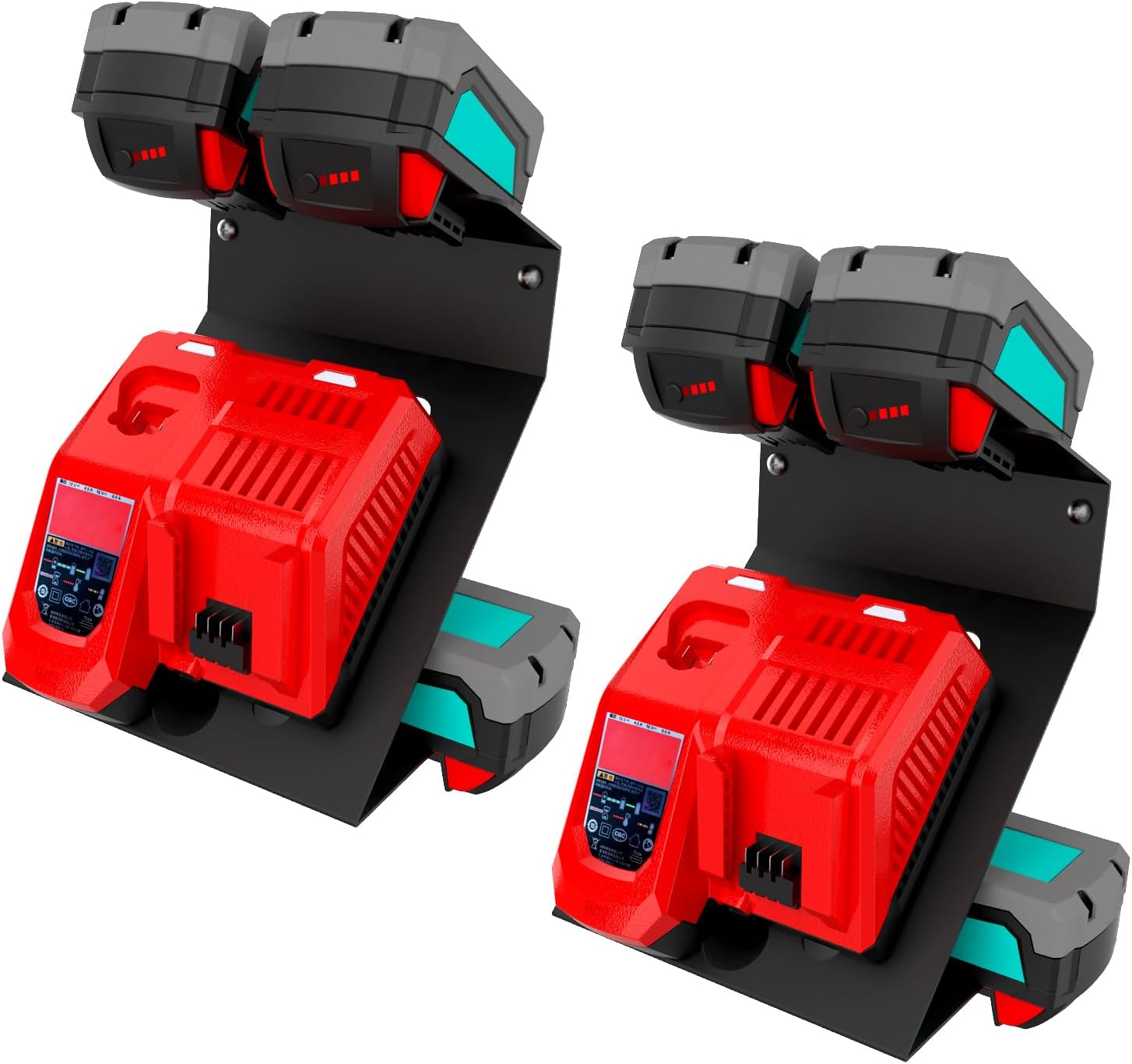 2 Pack-Metal Wall Mount for Milwaukee Chargers and Batteries, Charger Holder for M12-18C/M12-18FC Chargers, Battery Holder for 4x M18 Batteries, Power Tool Organizer Fit for Workshop & Garage