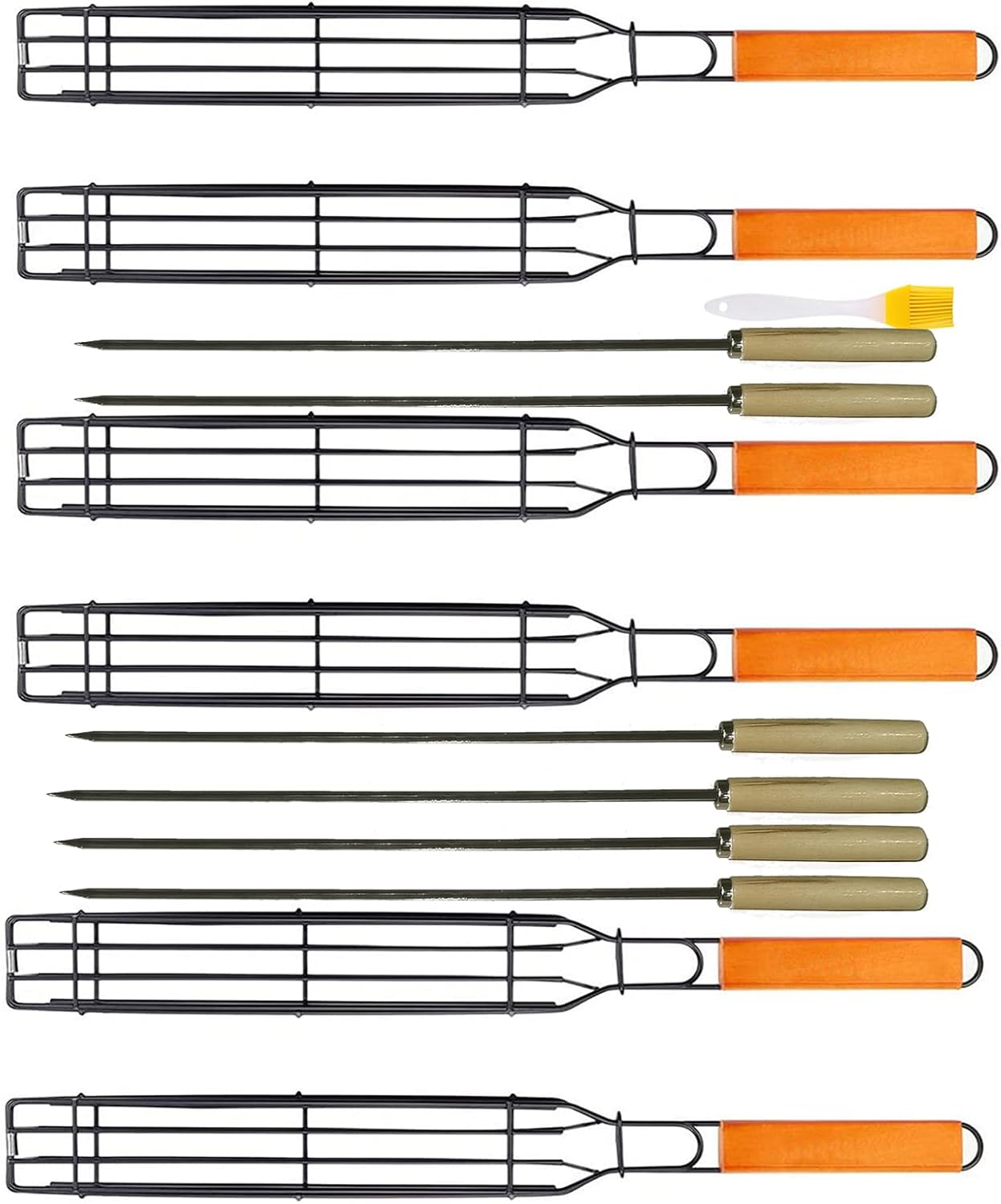 Kabob Grilling Set - 6 Non-Stick Grill Baskets & 6 Stainless Steel Skewers - Long Handle, 15.5 Inch, Steel