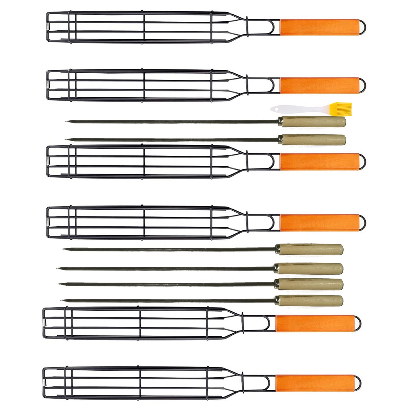 Kabob Grilling Set - 6 Non-Stick Grill Baskets & 6 Stainless Steel Skewers - Long Handle, 15.5 Inch, Steel
