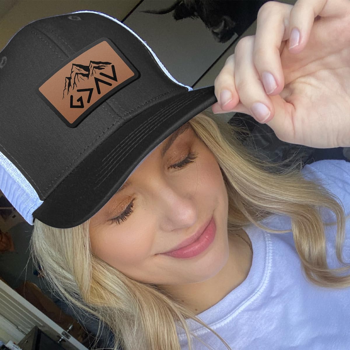 God is Greater Mountain Leather Patch Christian Trucker Hat - Fit Snapback Hat - Breathable Mesh Side for Casual Wear