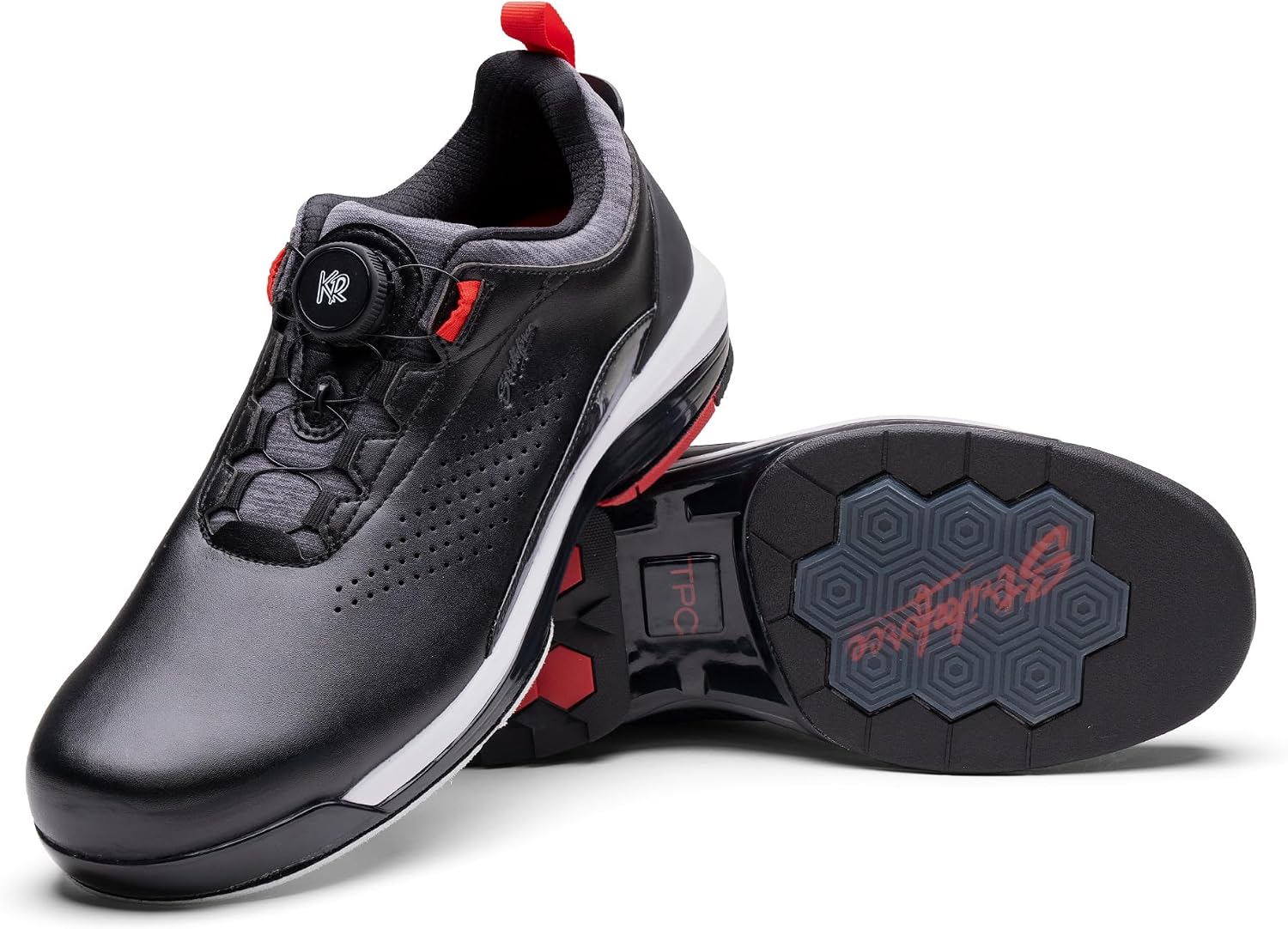 KR Strikeforce Men's Right Hand Bowling Shoe, Black/Red, Leather, with Interchangeable Soles, Fast Twist Closure, Cap Toe, Athletic