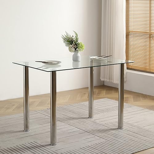 Miniatura 5 de Juego de mesa de comedor de cristal moderno de 5 piezas para 4, mesa superior de vidrio templado con 4 sillas de respaldo alto, marco de acero,