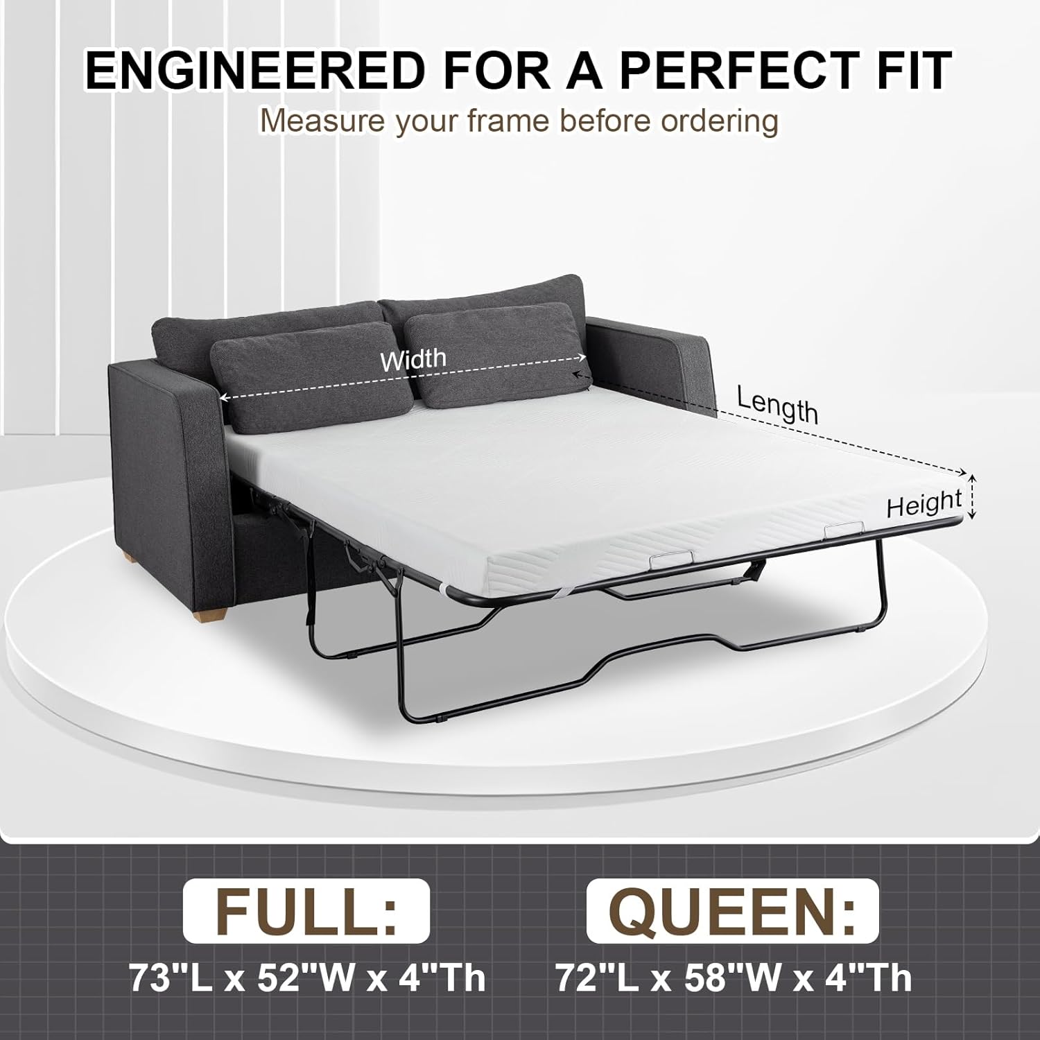 4 Inch Sofa Bed Mattress Replacement, Full Size - High Density Memory Foam Pull Out Couch Mattress Topper, Hybrid Topper-Mattress Design for Folding Sleeper Sofa, CertiPUR-US (Sofa Not Included)
