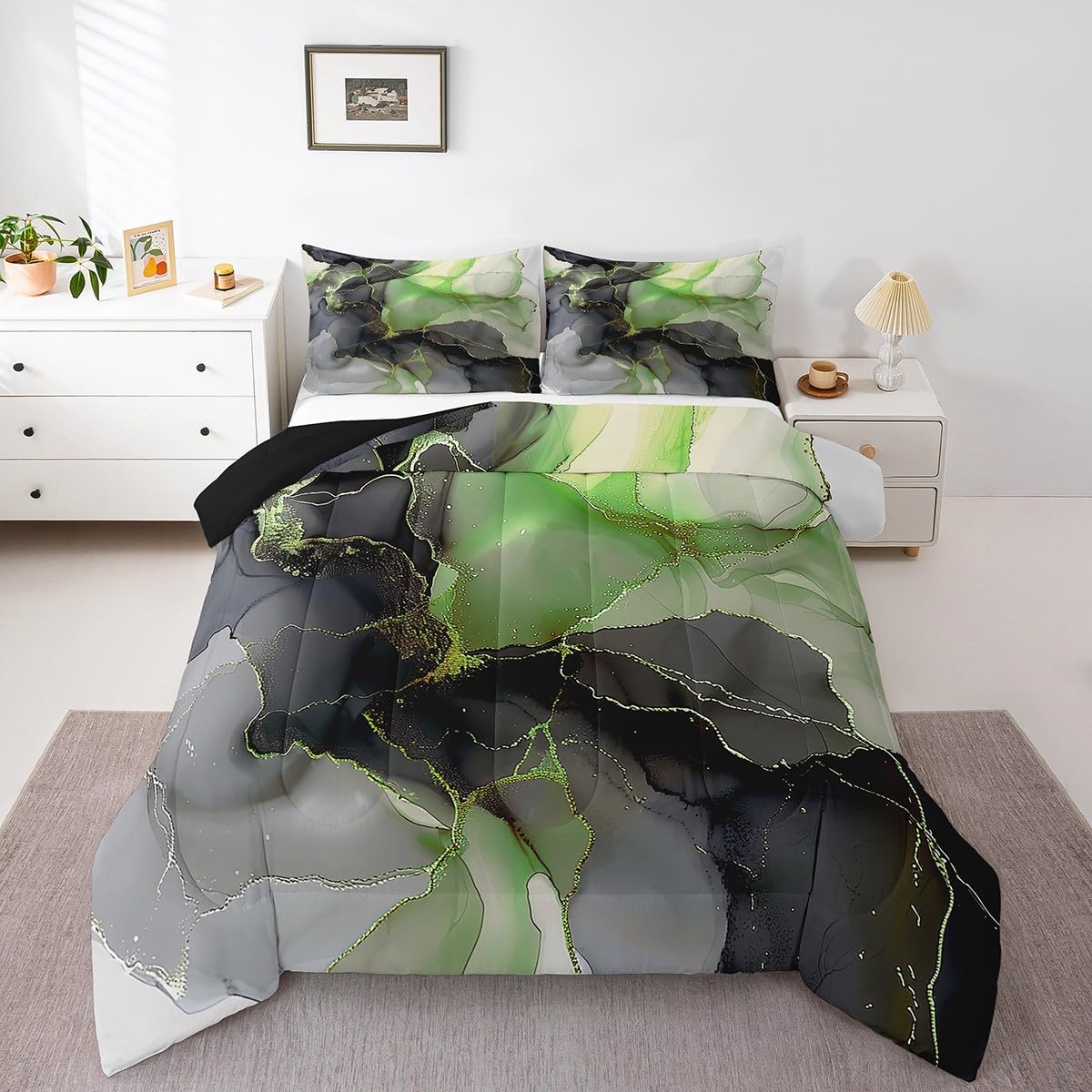 Edredón king negro y verde de mármol con estampado de aluminio de alta calidad