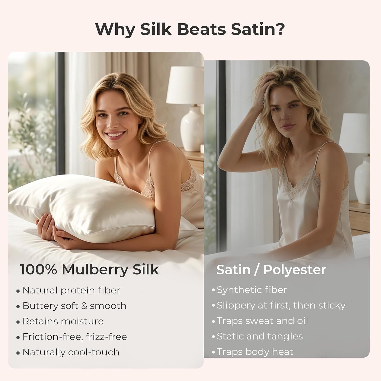 BEDELITE 100% Mulberry Silk Pillowcase for Hair and Skin - 22 Momme 6A Pure Natural Silk Both Sides, Buttery-Soft and Smooth Cooling Silk Pillow Case Standard Size, Hidden Zipper (1Pack, Pearl White)
