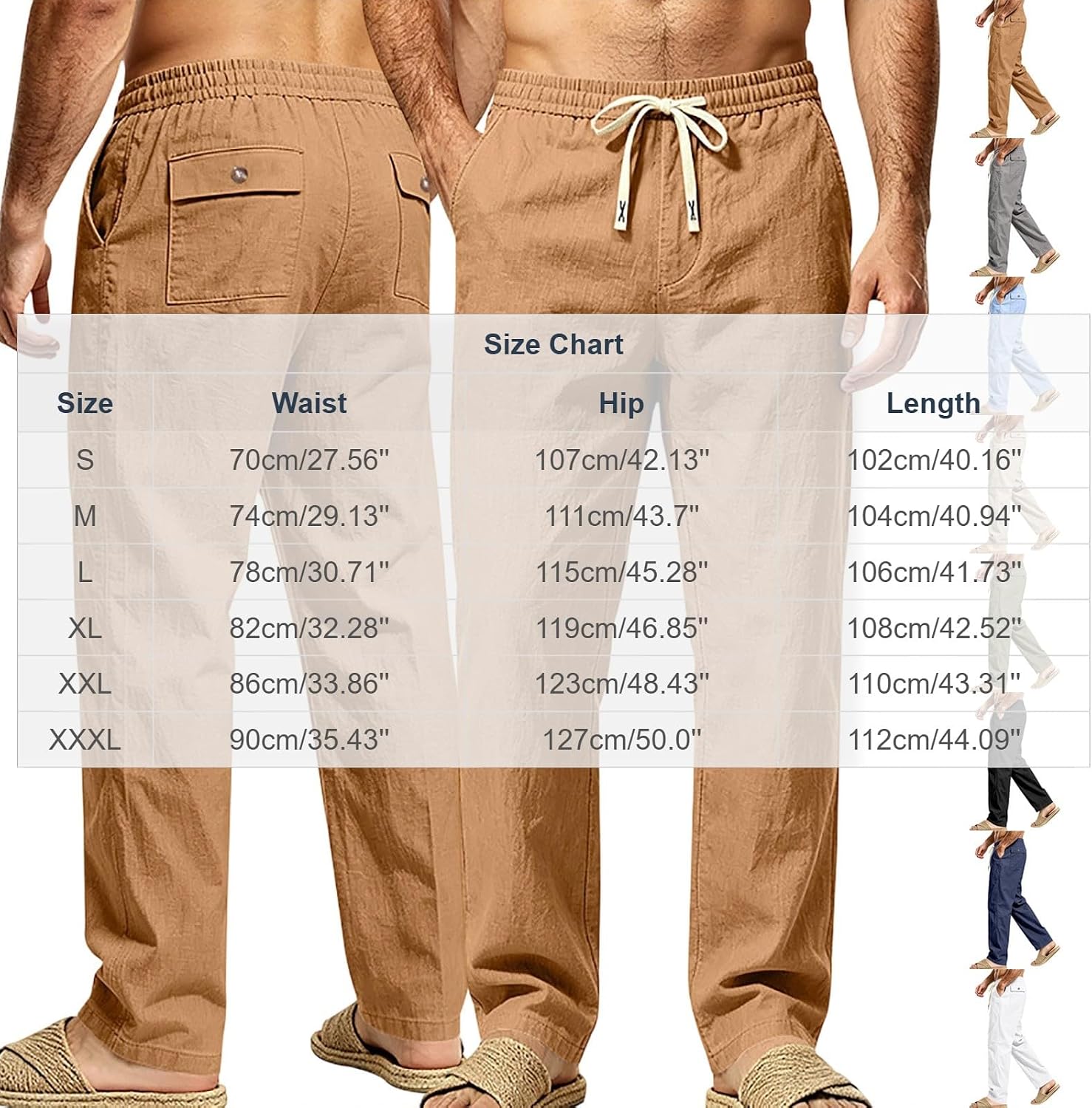 Mens Linen Straight Leg Pants Elastic Drawstring Waist Trousers