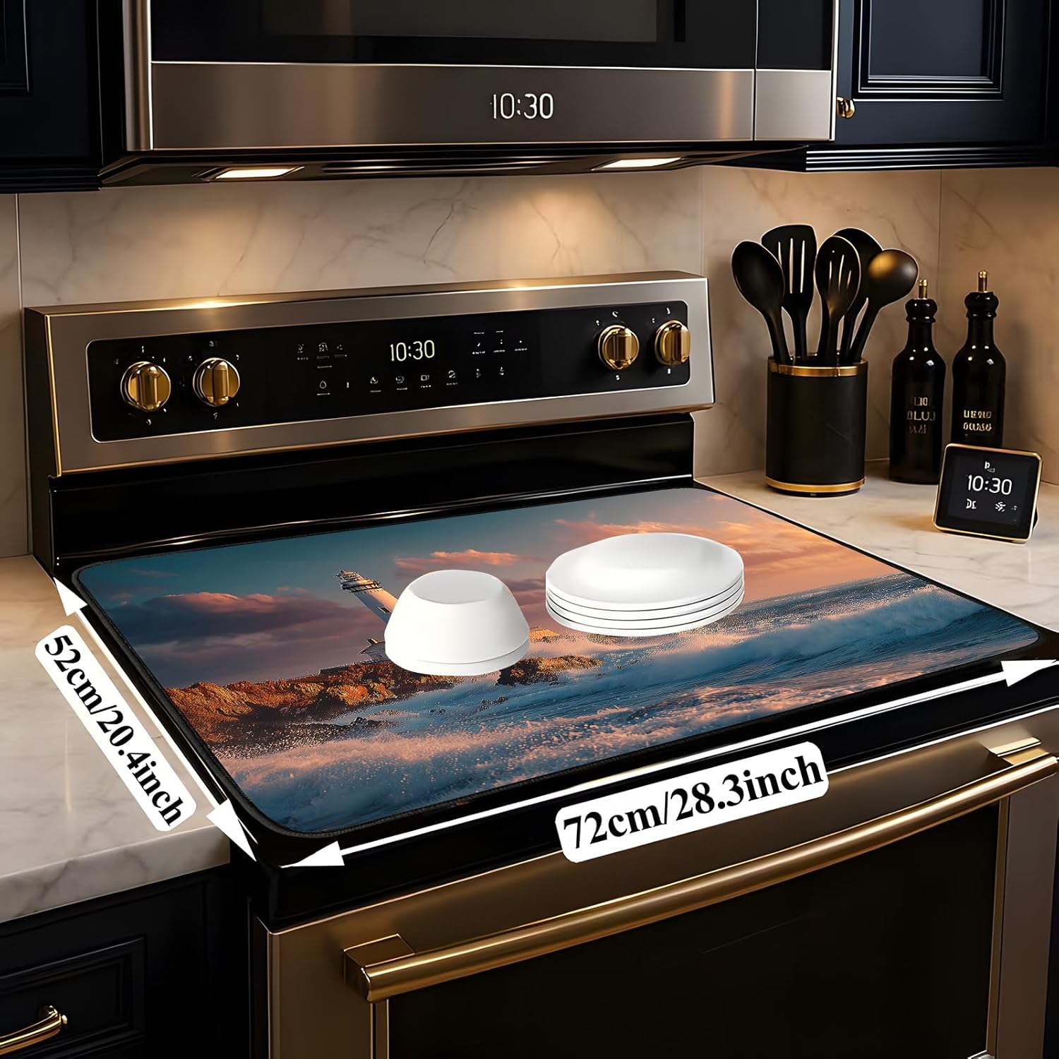 Retro-themed stovetop cover, heat-resistant glass stove cover - multifunctional design with non-slip/washing machine top protection pad (28.3 x 20.5 inches, approx. 72 x 52 cm) (Lighthouse)