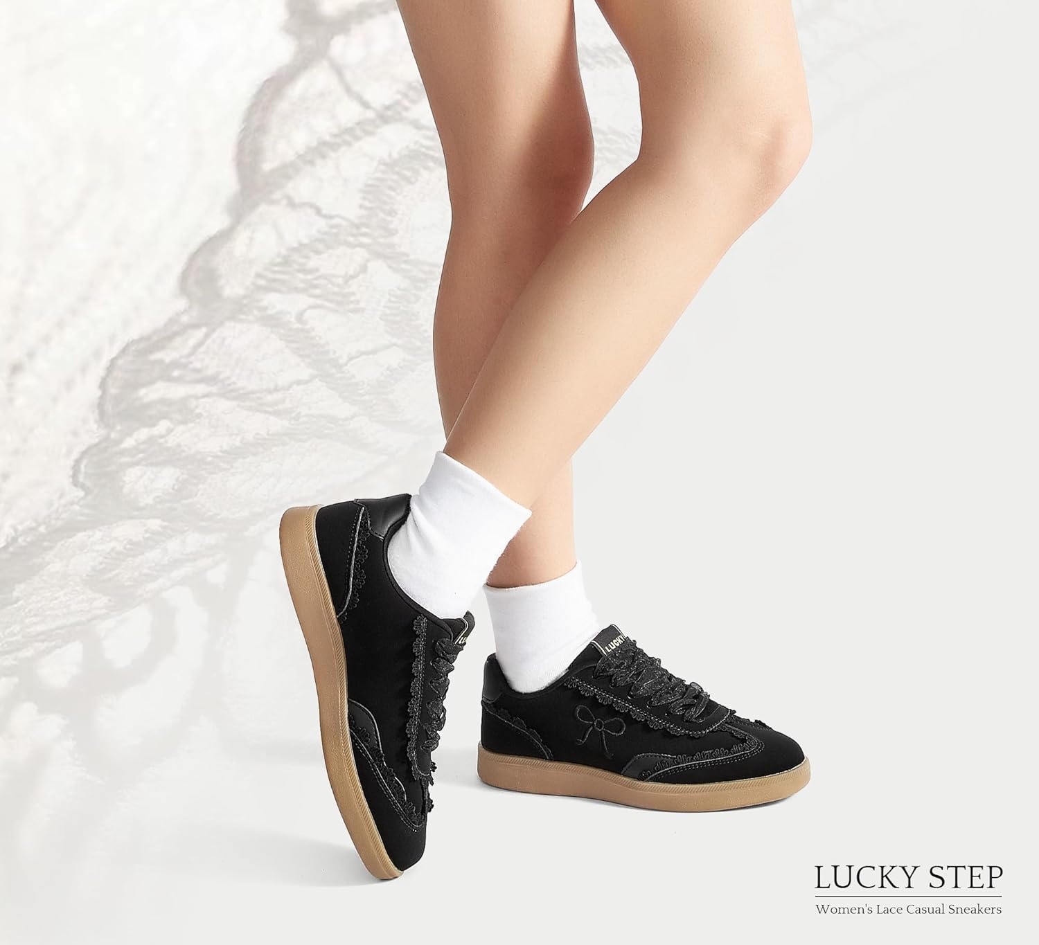 LUCKY STEP Women’s Lace Detail Casual Sneakers Organza Ribbon Lace-Up Fashion Vintage Gum Sole Trendy Cute Shoes - Image 3
