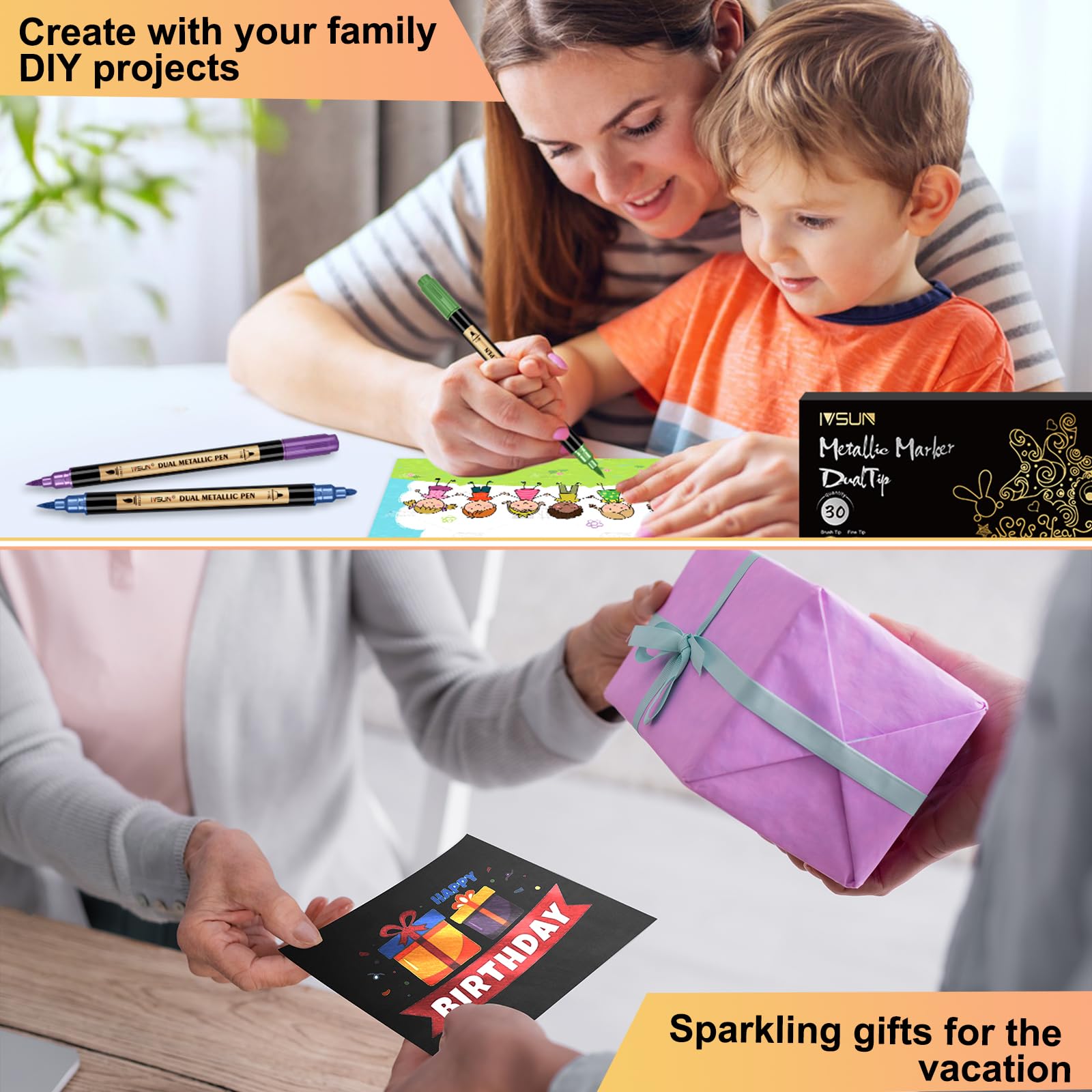 Metallic Marker Pens,  Dual Tip Acrylic Paint Pens for Black Paper, Scrapbooking, Photo Album, Rock Painting, Paint Marker for DIY Arts & Crafts, Glass, Wood, Card Making, Scrapbook Supplies