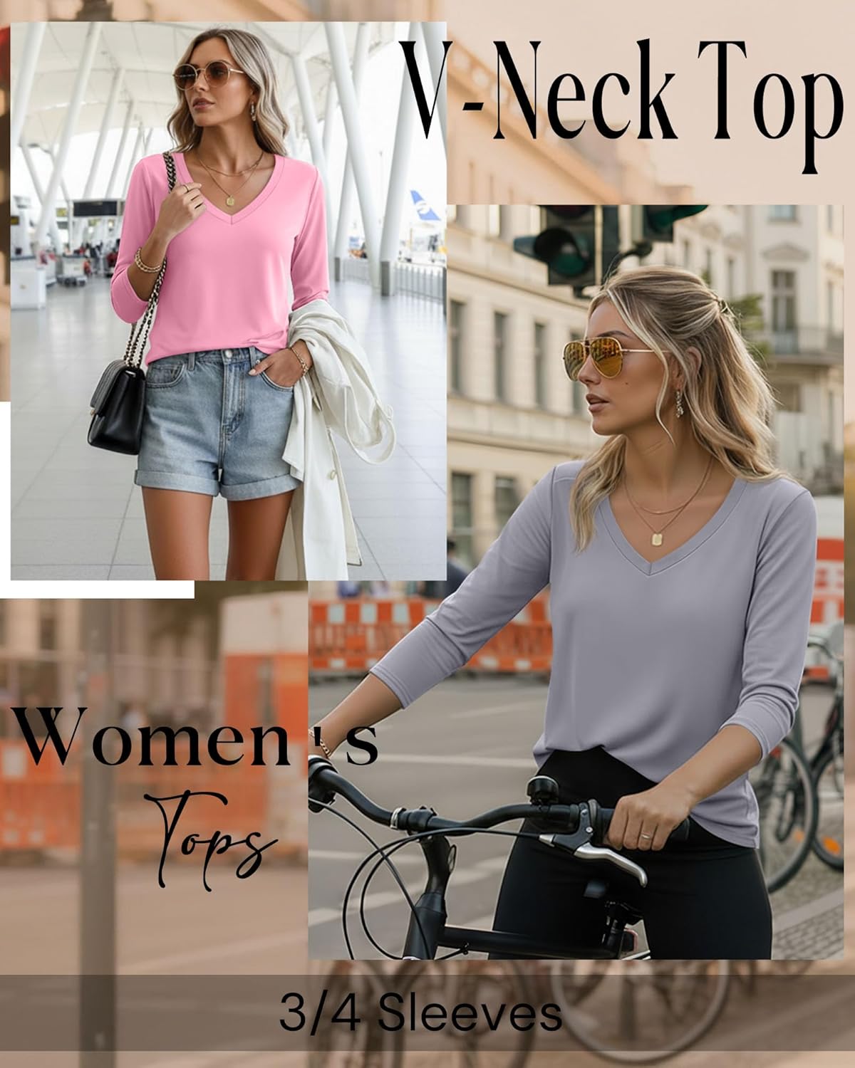 Ficerd 4 Pack Women's 3/4 Sleeve T Shirts, V Neck Casual Tunic Tops Loose Fit Cotton Basic Shirts Solid Color Fashion Tees - Image 4