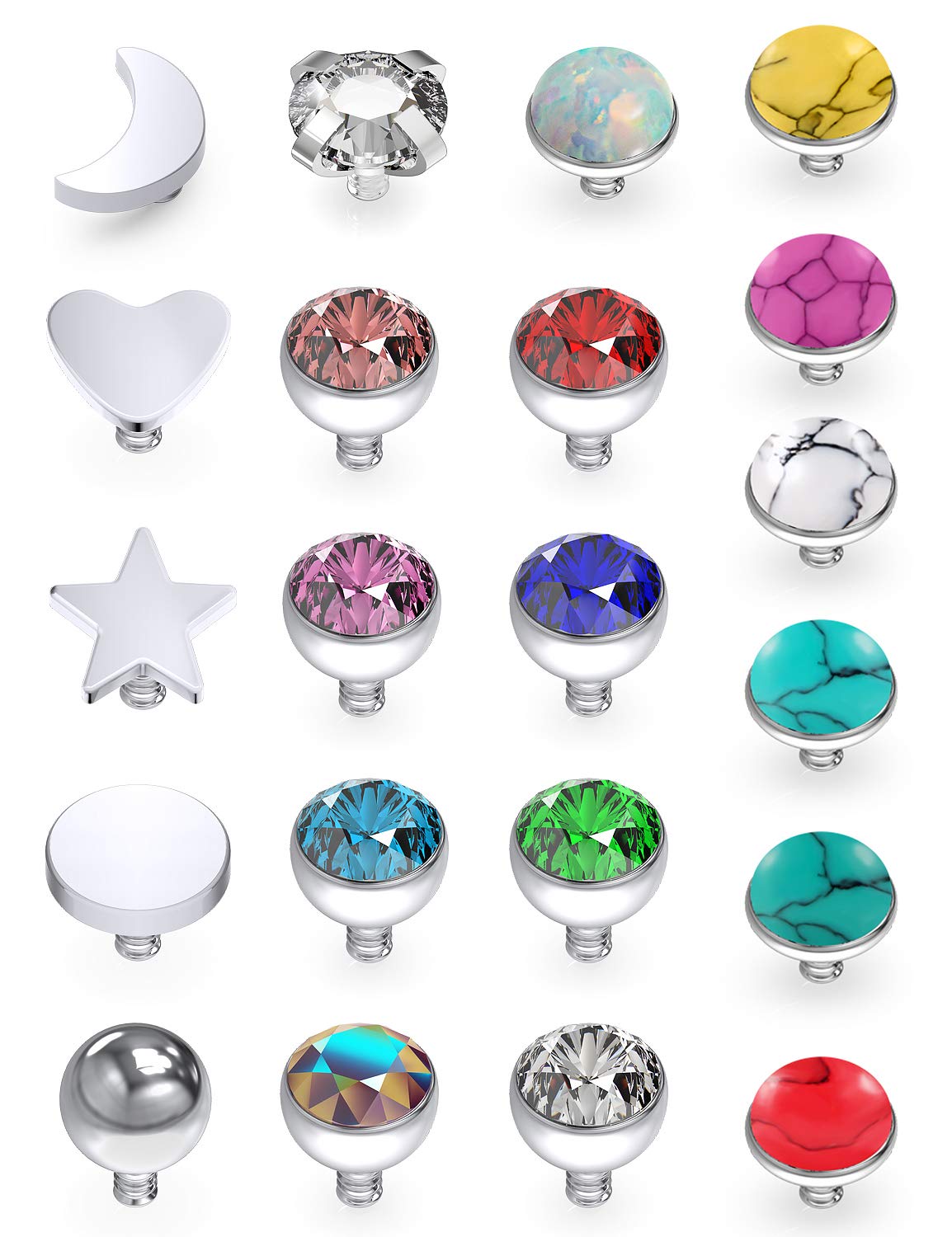 21 piezas de ancla dérmica de titanio grado 23 de 14 g, piedra sintética roscada internamente, gema mixcolor para mujeres y hombres, luna, corazón, estrella, plana, bola, circonita, ópalo