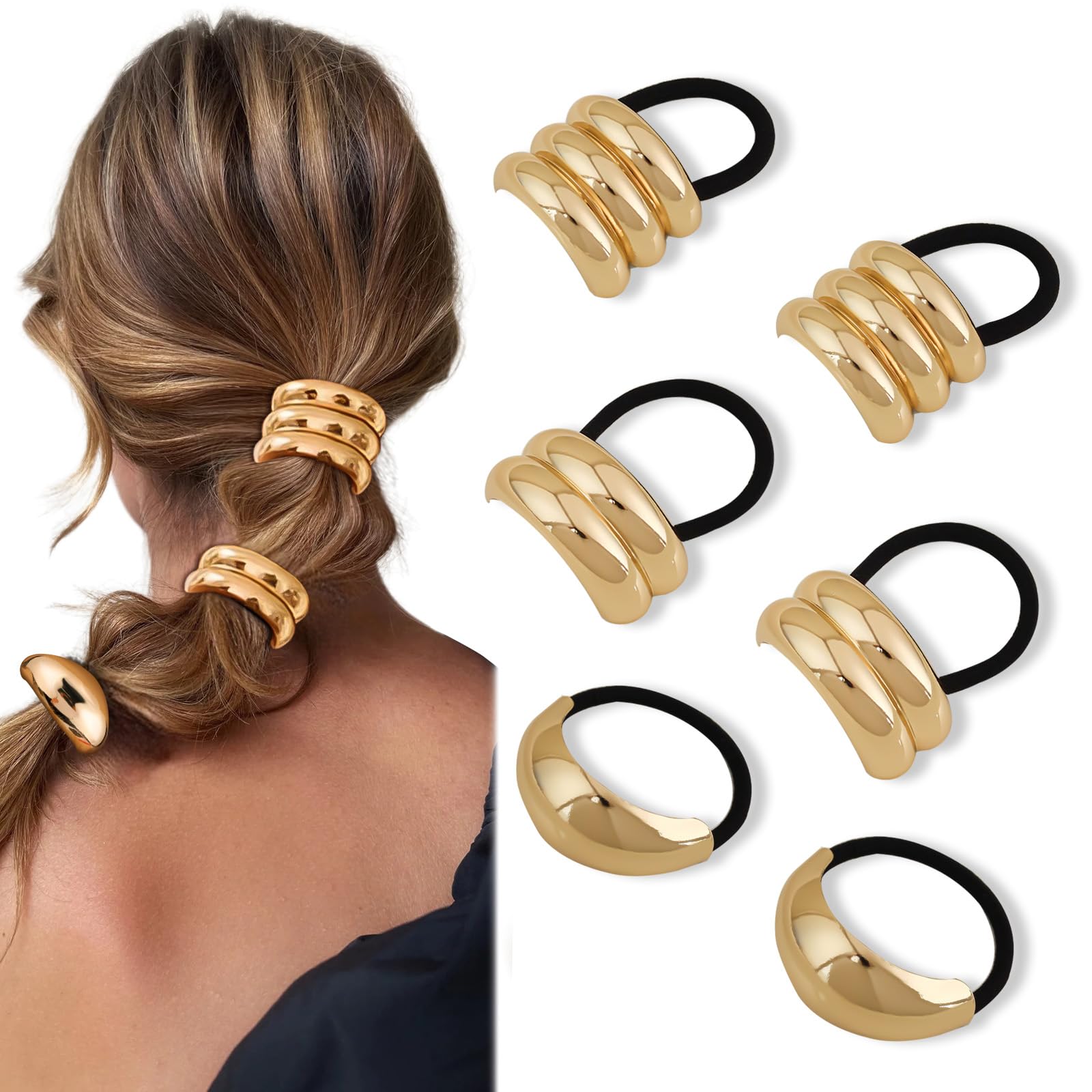 CUBACO 6PCS Metal Hair Ties for Women,KC Gold Hair Ties for Thick Hair,Small Hair Elastics Ponytail Hair Cuffs Gold Hair Accessories Pony Tails