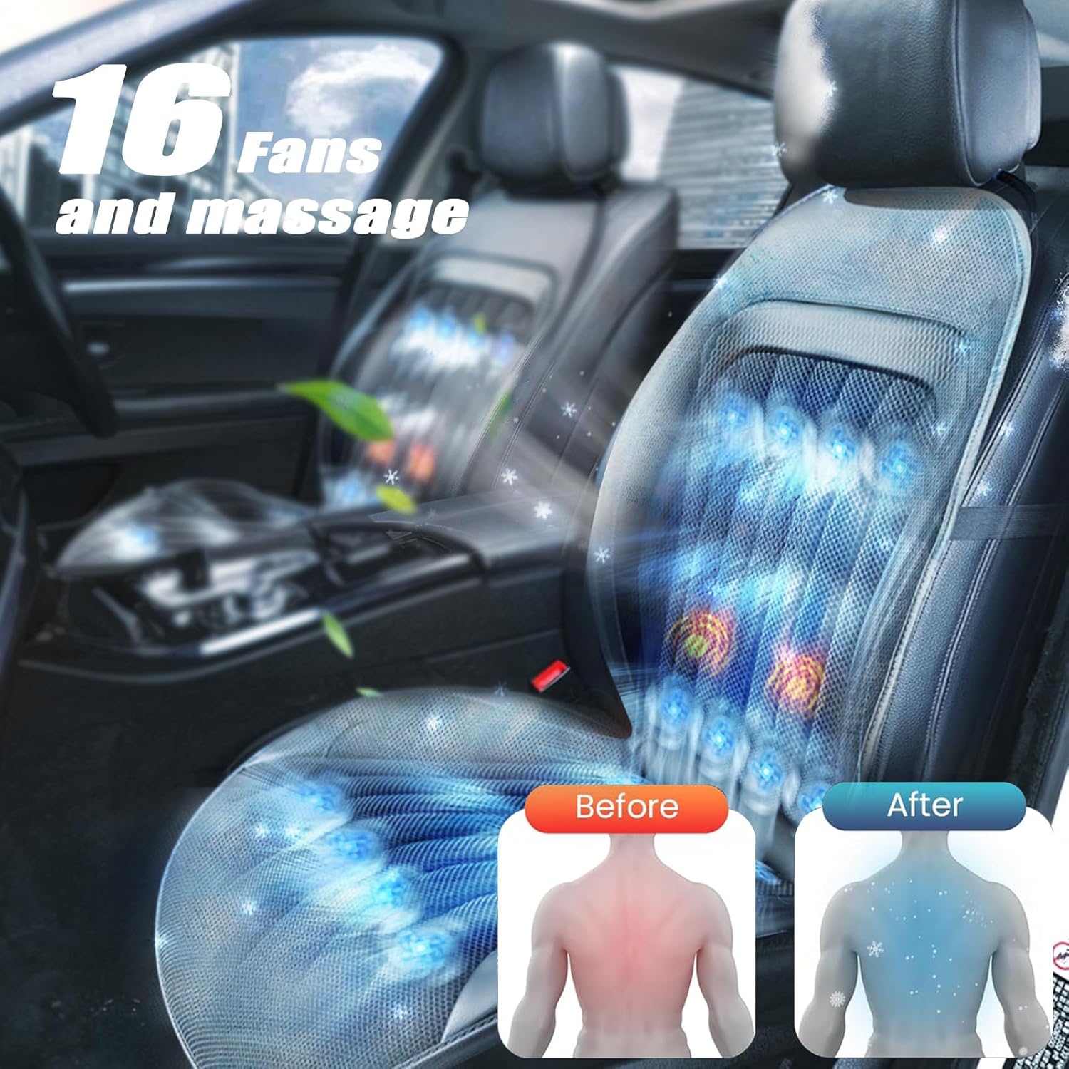 3 IN 1 Cooling Car Seat Covers ，Summer and Winter with Massage Cooling Seat Covers for cCar，High Power 16 Fans Fast Cool，Suitable for 12V Cigarette Lighter CAR, Suv and Other Models (BLACK-1PCS)