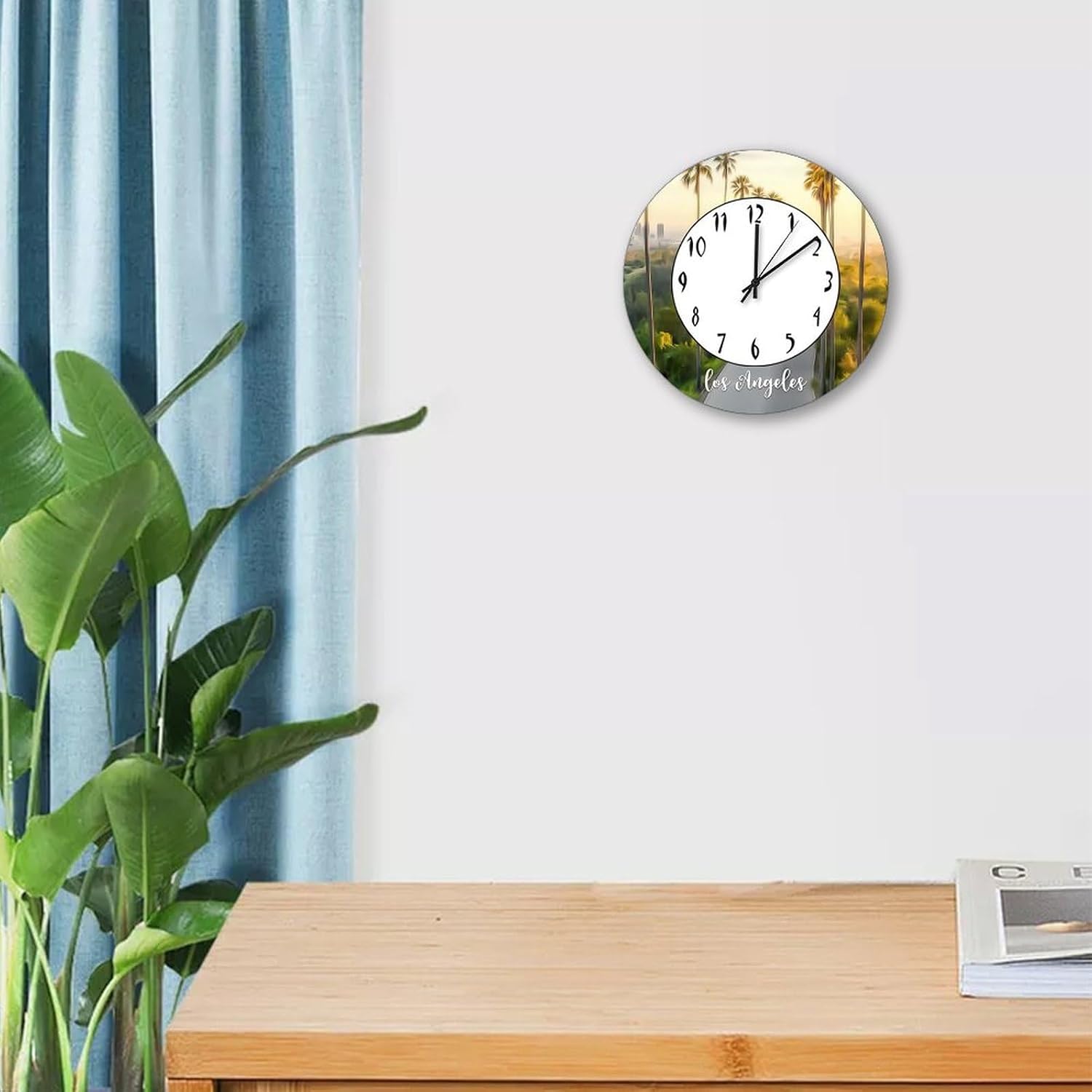 Los Angeles Wall Clock Silent Non Ticking Wooden Clocks Los Angeles Scenery Cityscape Clock Battery Operated 12in Round Clock, Rustic Clocks Decor for Home Kitchen Office