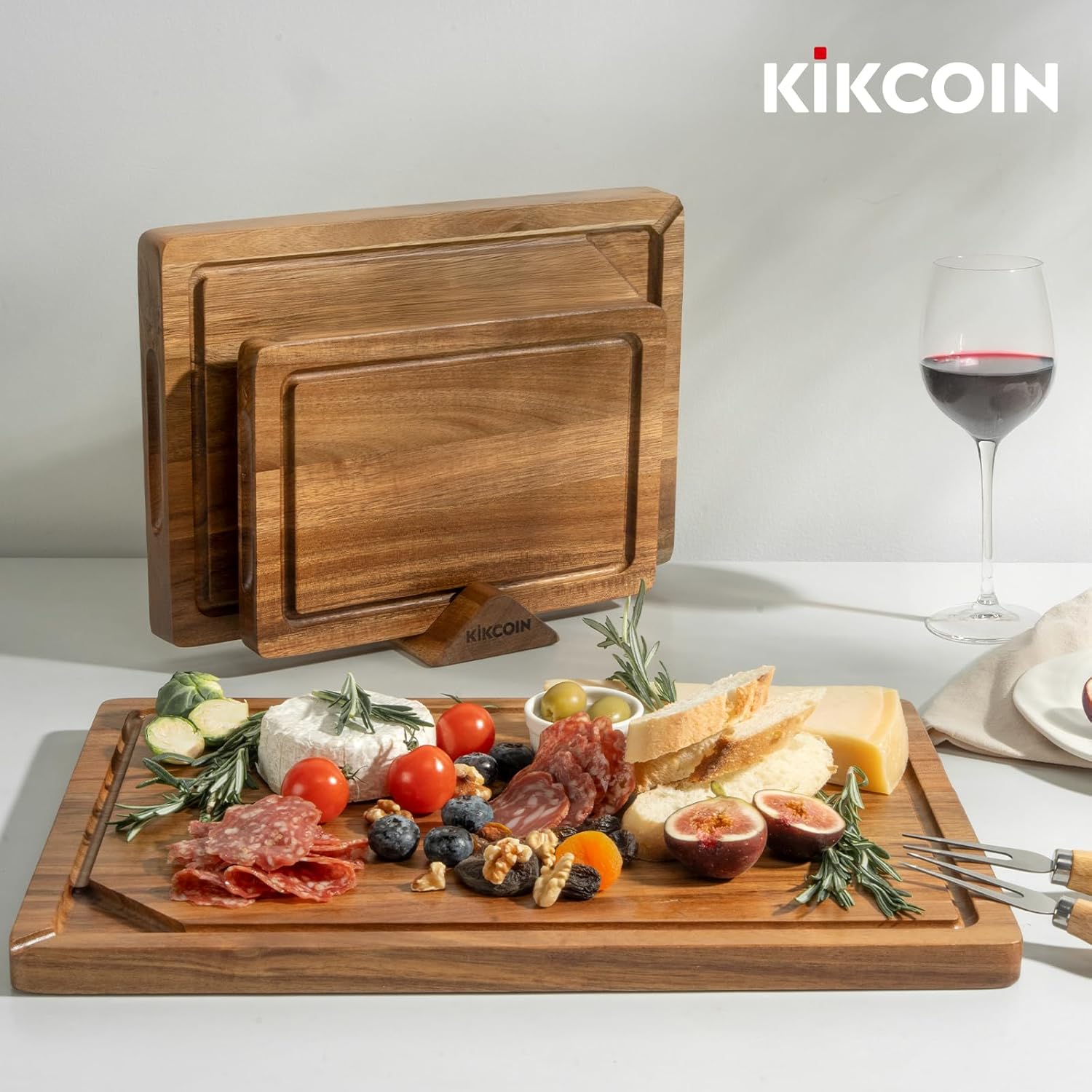 Kikcoin Wood Cutting Boards for Kitchen, 3 PCS Wooden Cutting Board Set with Holder, Chopping Board with Built-In Compartments and Juice Groove, Solid Charcuterie Board Serving Tray Wood Butcher Block - Image 9