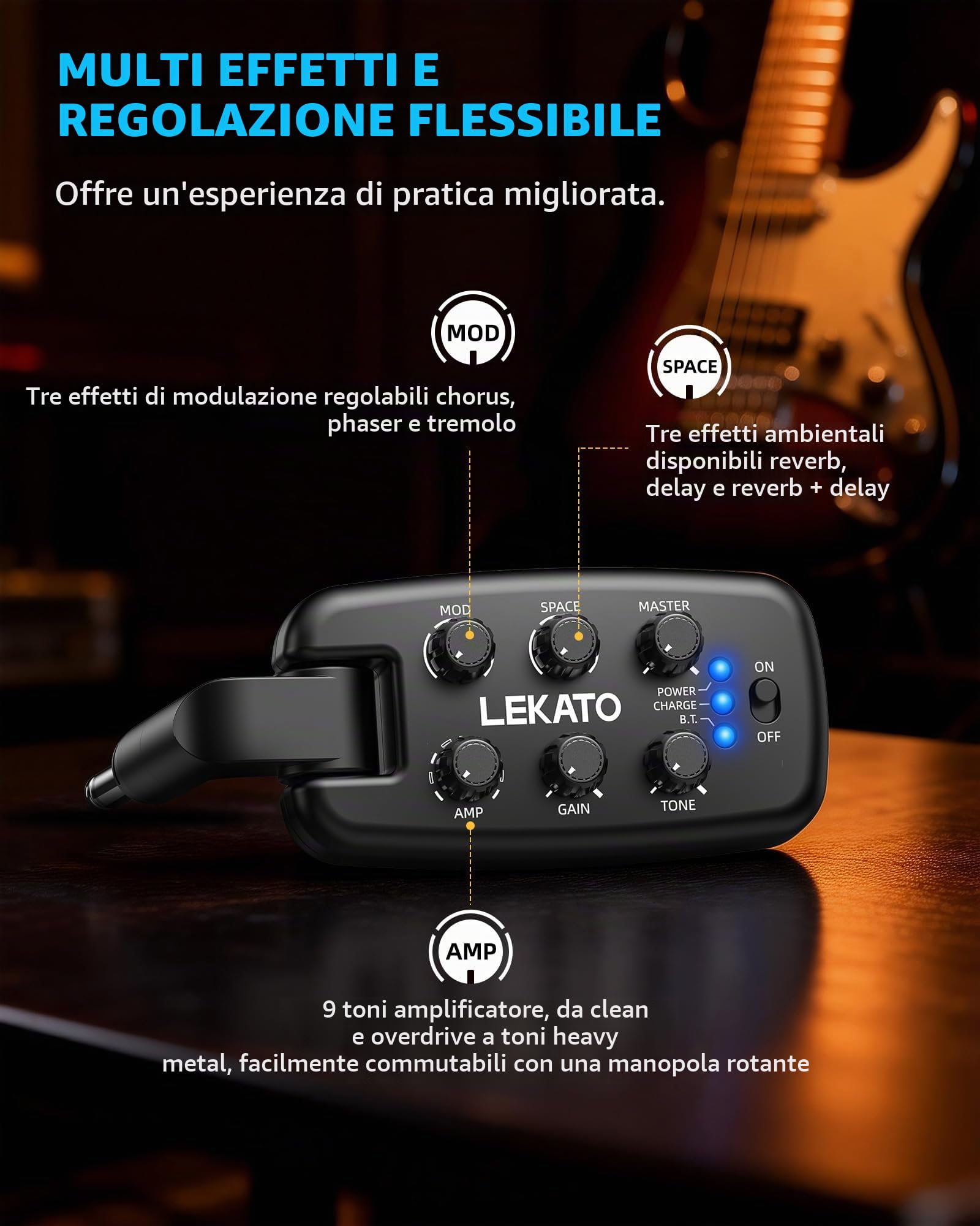 LEKATO Amplificatore per Cuffie da Chitarra, Amplificatore Portatile Plug-in per Pratica per Chitarra Elettrica e Basso, 9 Modelli di Amplificatore e 6 Effetti, Bluetooth 5.0, Spinotto Rotante a 180°