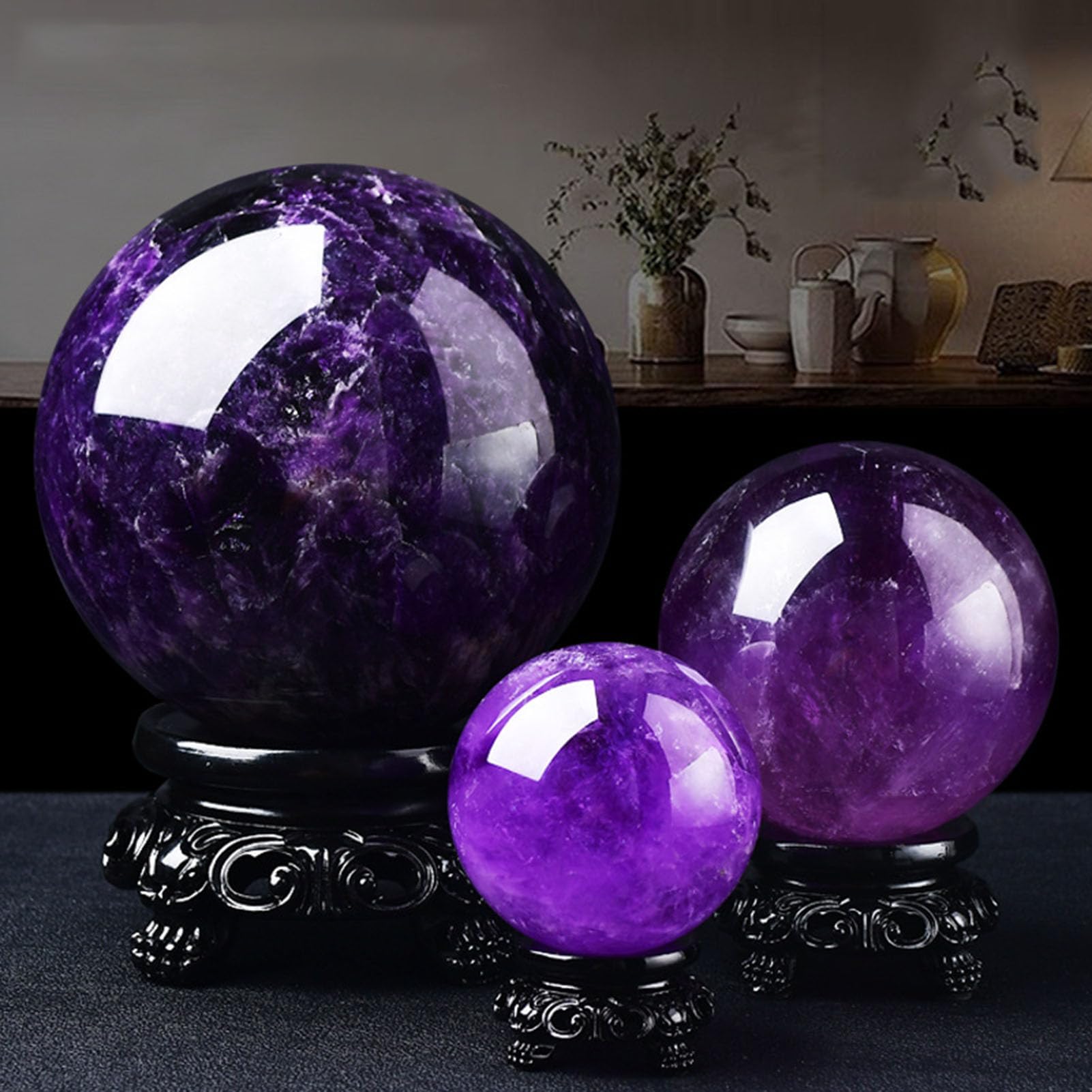 Sfera di Cristallo di Ametista Naturale Cristalli curativi Sfera Grandi Sfere di Quarzo Viola Esemplare di Pietra preziosa con Supporto in Legno per Meditazione Reiki, Feng Shui,3CM