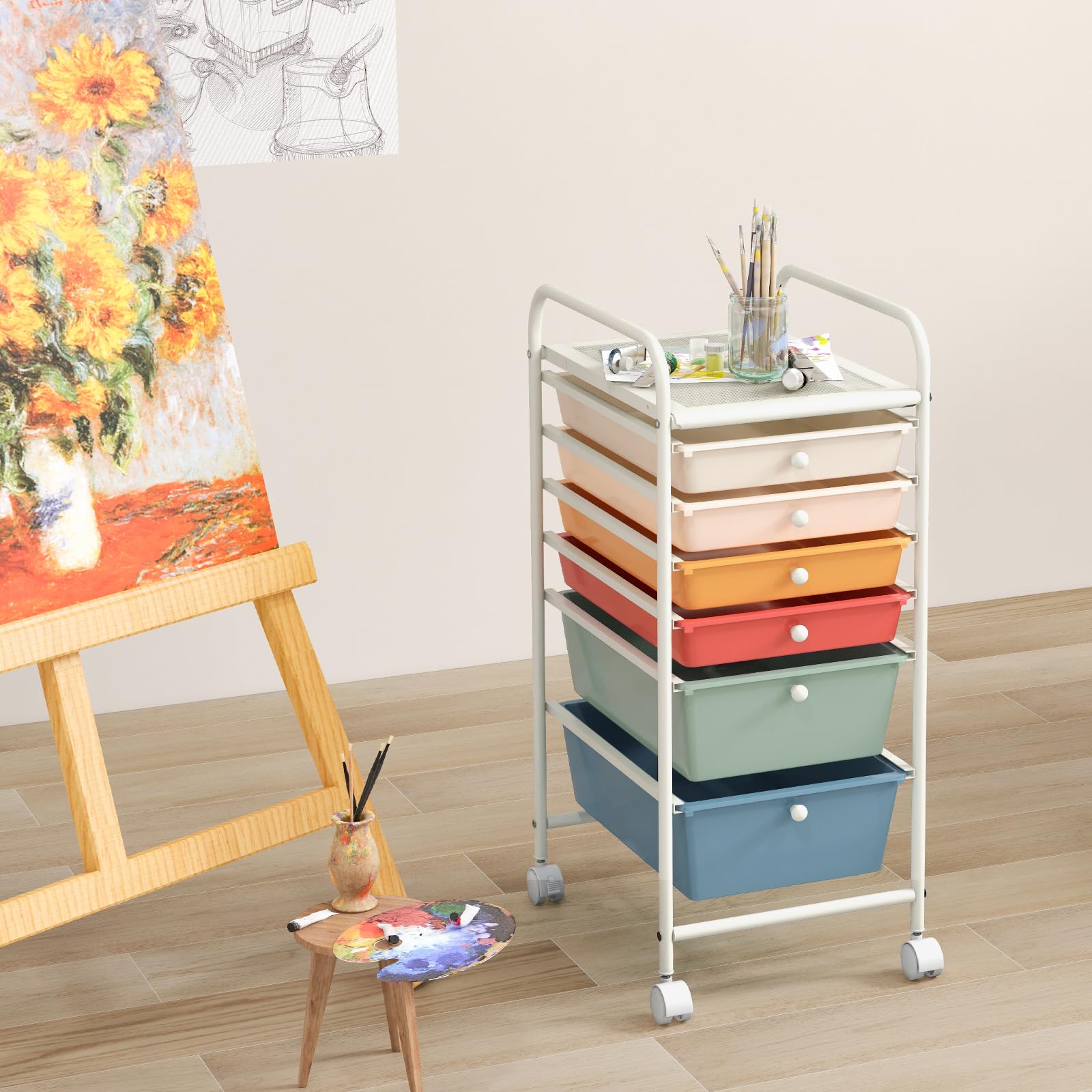 GOPLUS Chariot de Rangement à Roulettes Verrouillable 6 Tiroirs Amovibles, Desserte à Roulettes Mobile avec Plateau et Poignée Latéral, Silencieux, Cadre en Métal, 37x32,5x74,5CM, pour Chambre, Bureau