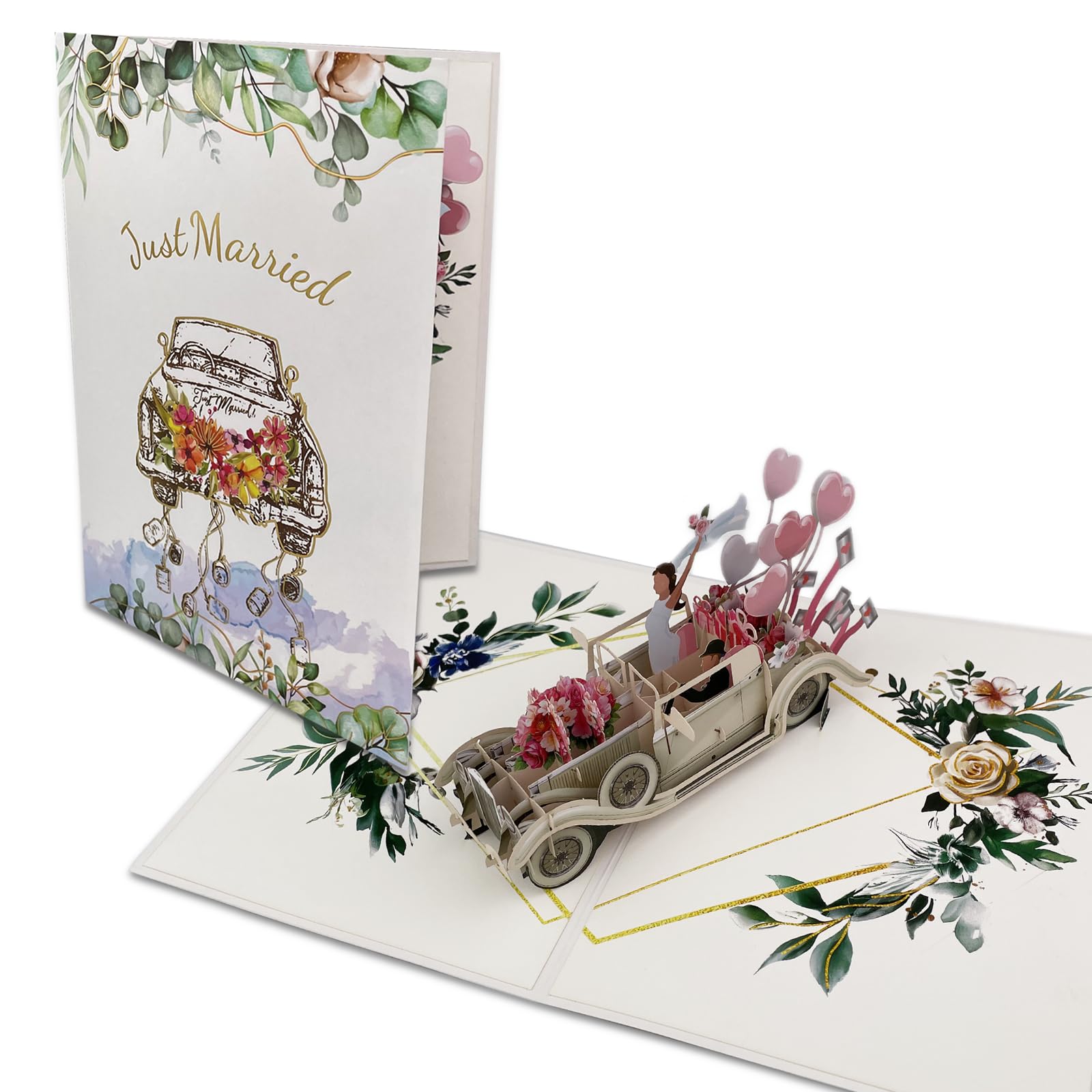 Elegante Biglietto Pop-Up 3D con Auto Just Married per Matrimonio, Regalo in Denaro per Viaggio di Nozze