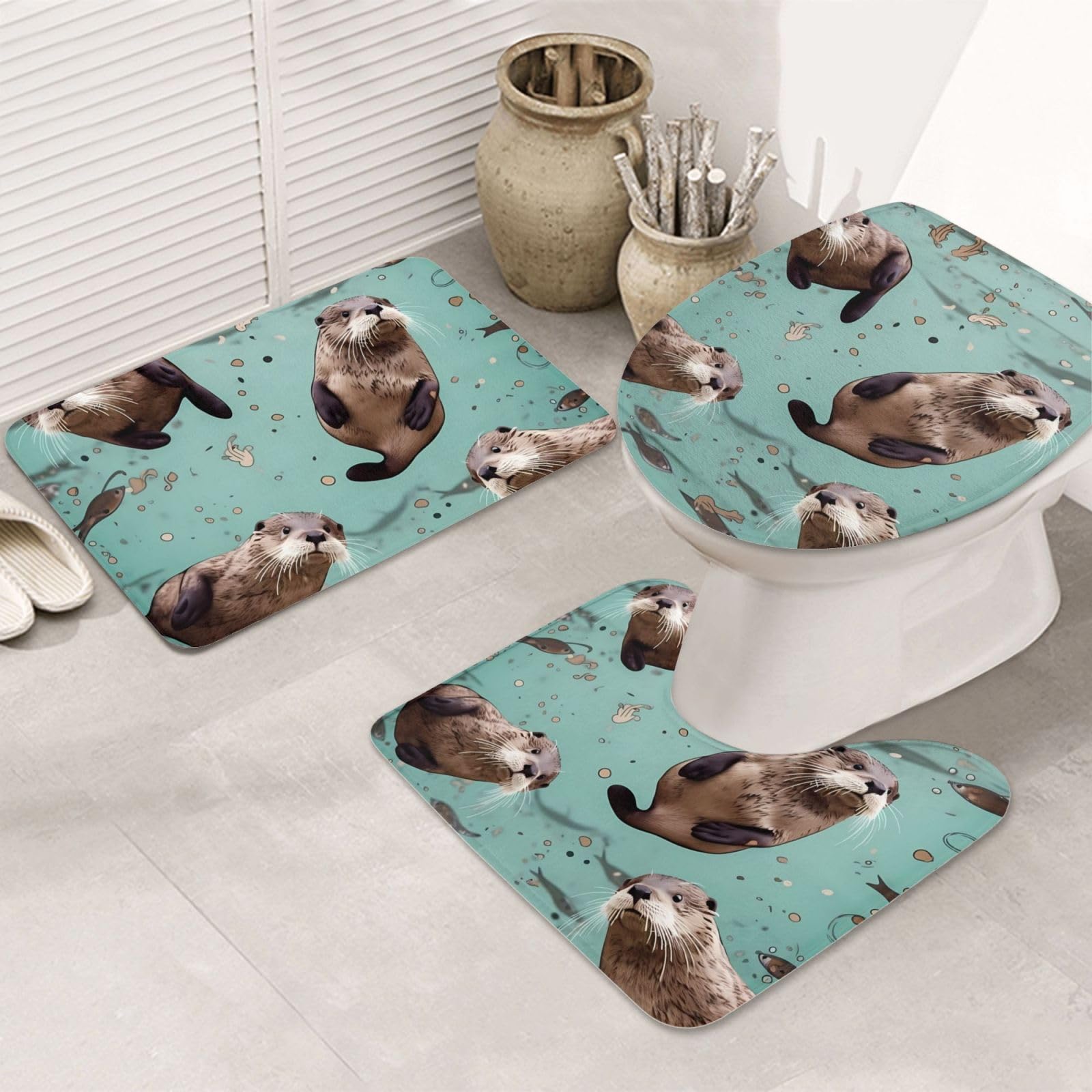 Tapis de bain antidérapants WC forme U microfibre absorbante pack 3 pièces motif loutres