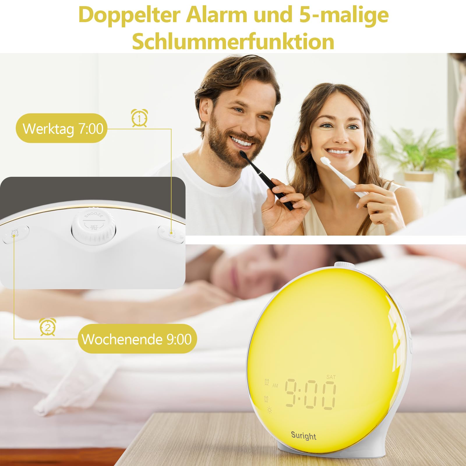 Suright Lichtwecker Tageslichtwecker, Wake Up Licht Wecker, Sonnenaufgang Sonnenuntergang Simulation Wecker Radio 15 Naturgeräusche 2 Alarmen Snooze 18 Farblicht 20 Helligkeit Nachttischlampe