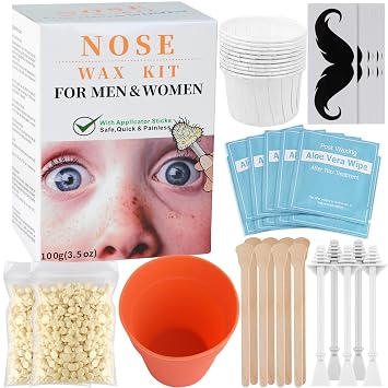 100g Nose Hair Waxing Kit with 30 Applicators Up to 30 Uses, 10 Mustache Guards, 15 Wipes for Quick and Painless Hair Removal on Nose, Ears, and Face - For Men and Women