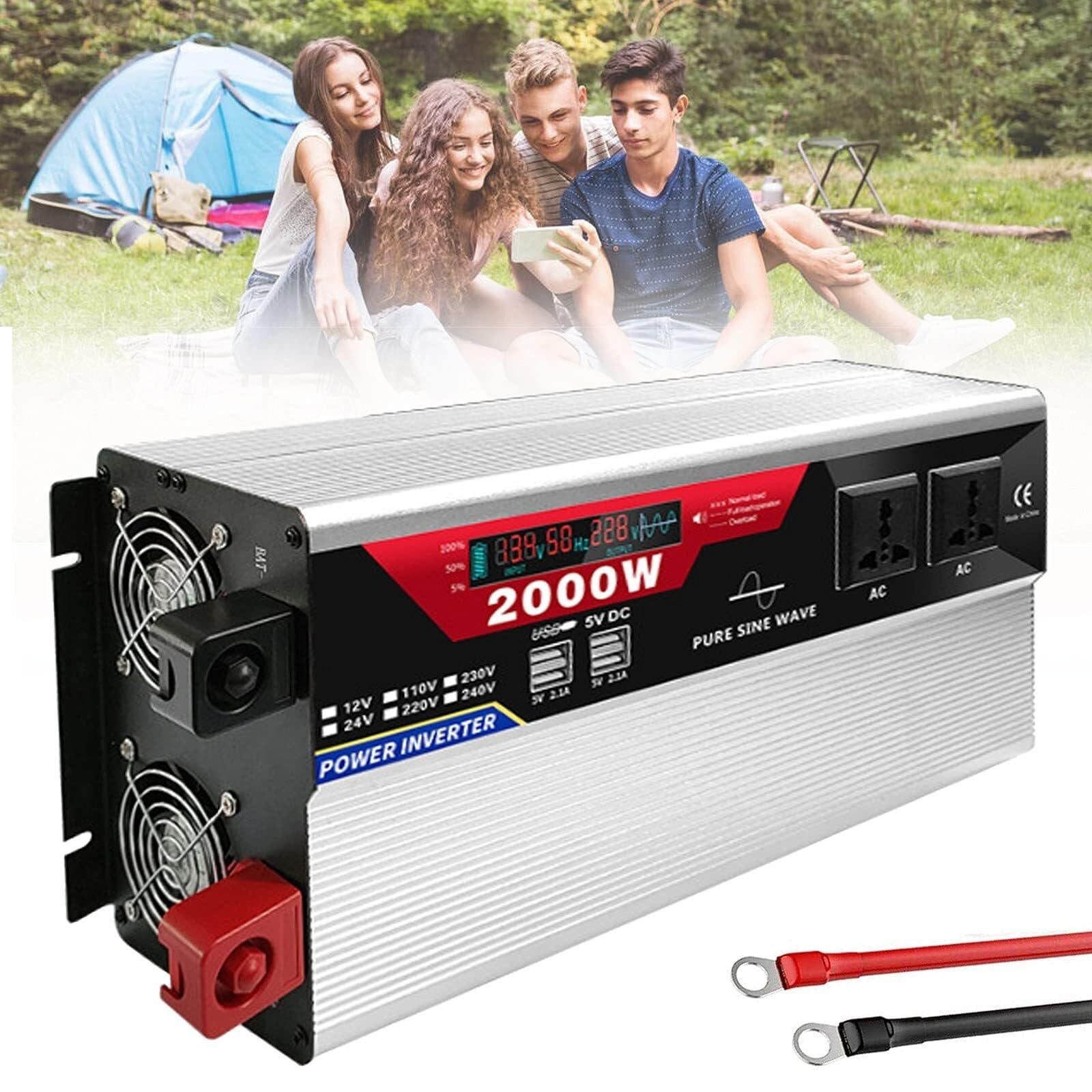 NVSFZGIYG Power Inverter 1000W 1500W 2000W 3000W 12V/24VDC to 110V/220V AC Pure sine Wave Converter with 2 Outlets 6 USB(12Vto110V,2000W)