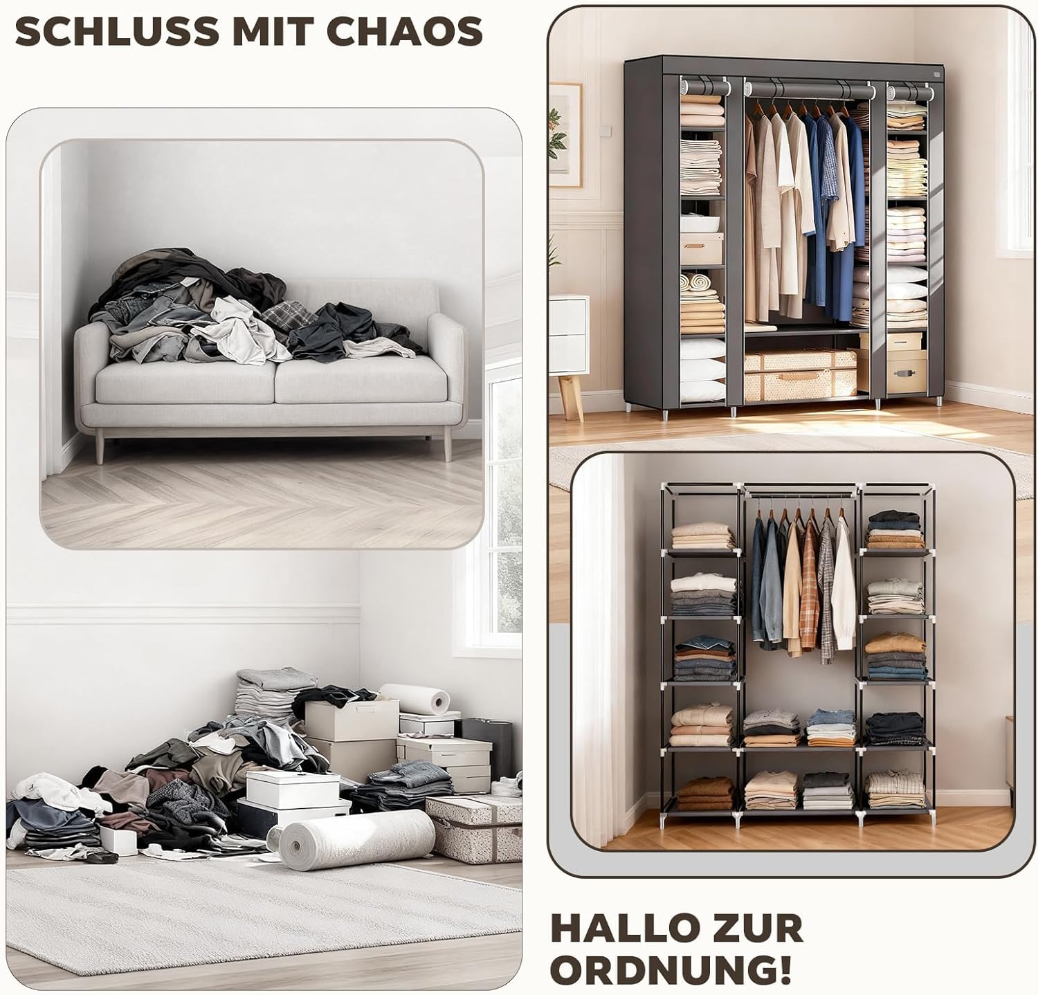 Kleiderschrank aus Stoff, 45x150x175cm, Metallrahmen mit Vlies-Staubschutz, Kleiderstange, graue, Schlafzimmer Aufbewahrungssystem