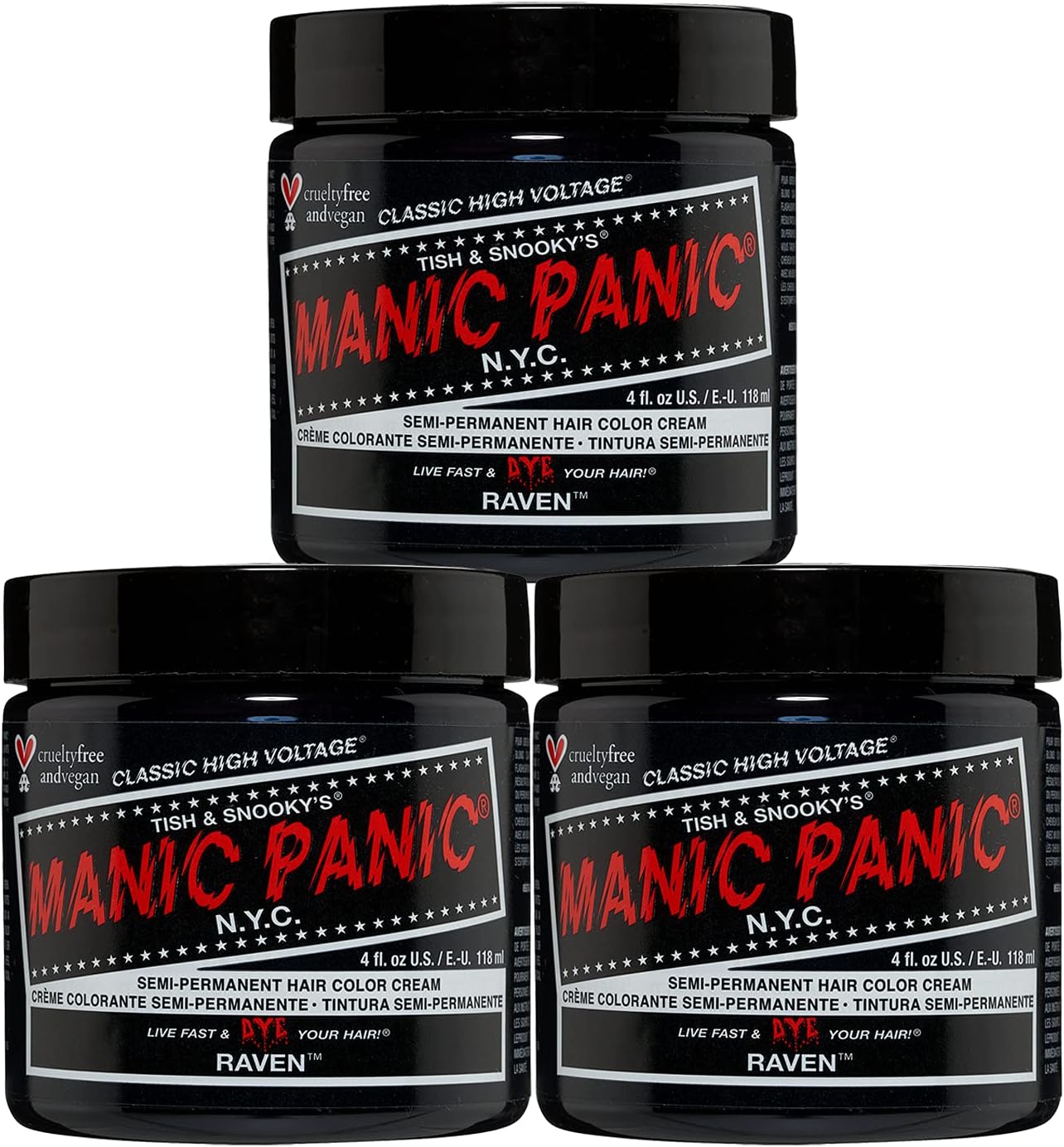 Manic Panic Raven Classic Creme, Vegan, Cruelty Free, Black Semi Permanent Hair Dye 3 x 118ml