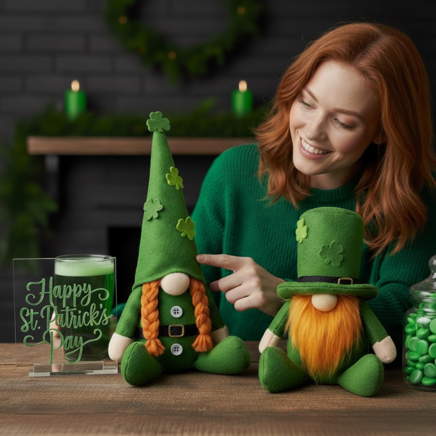 St Patricks Day Gnomes, St. Patrick's Day Decorations Decor, 2 Pack Green Irish Leprechaun Gnomes, Plush Lucky Shamrock Gnomes for Home, Office, Tiered Tray Mantel Shelf Table