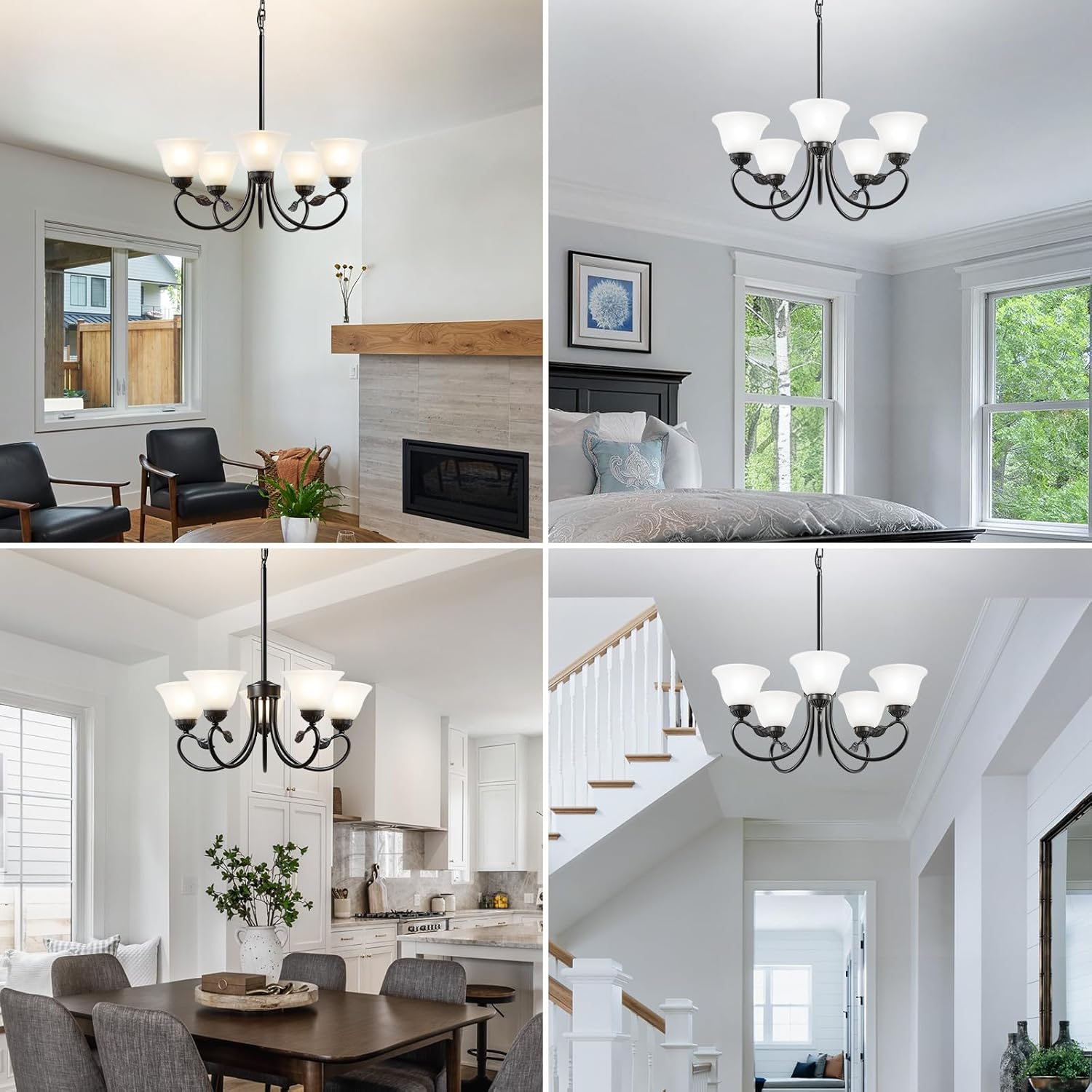 5-Light Black Chandelier, Farmhouse Dining Room Light Fixture with Opal Glass Shade, Modern Chandelier for Dining Room Over Table, Height Adjustable Hanging Lighting Fixture for Kitchen Island Foyer