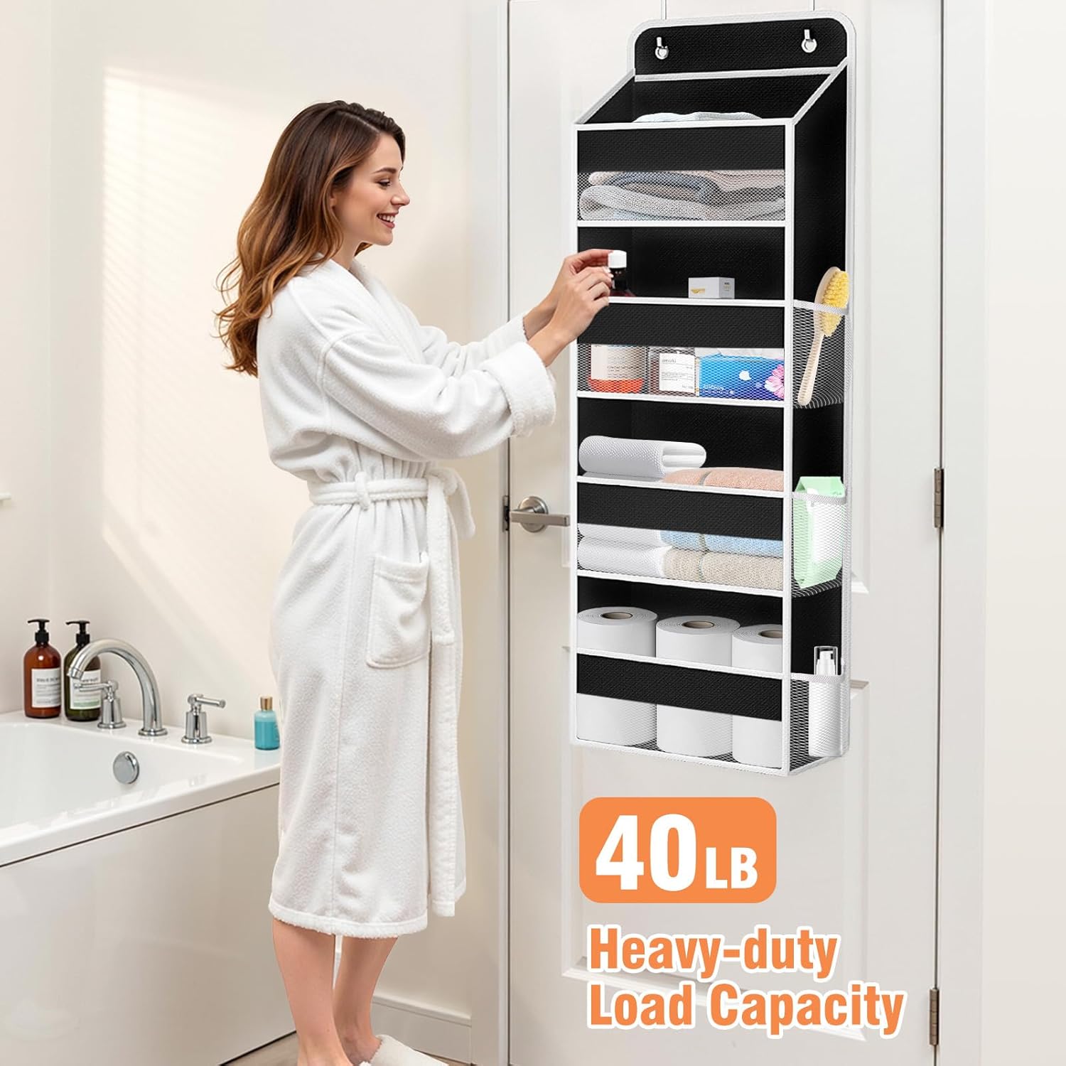 WISELIFE Over The Door Organizer Storage 4 Shelves Large Capacity Hanging Bedroom Storage Solution with 6 Side Pockets for Dorm Bathroom Pantry Nursery and Baby Essentials Holds up to 40 Lbs (Black) - Image 5