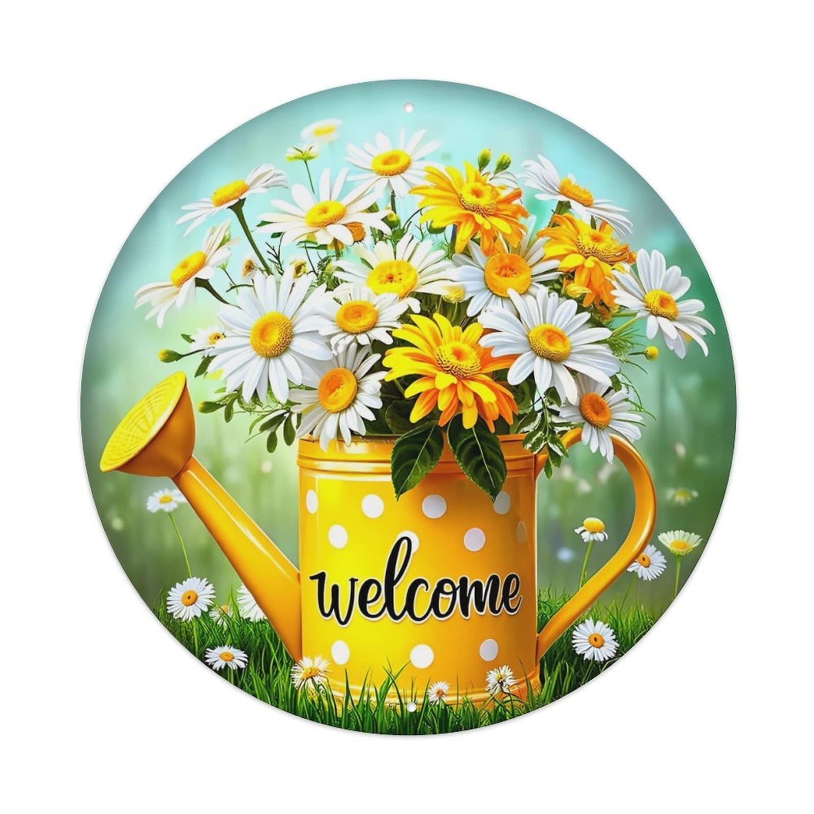 Welcome Daisies Yellow Polka Dot Watering Can Round Tin Sign Vintage Metal Sign Home Bar Garden Indoor & Outdoor Wall Decor Retro Metal Poster 8x8 Inch