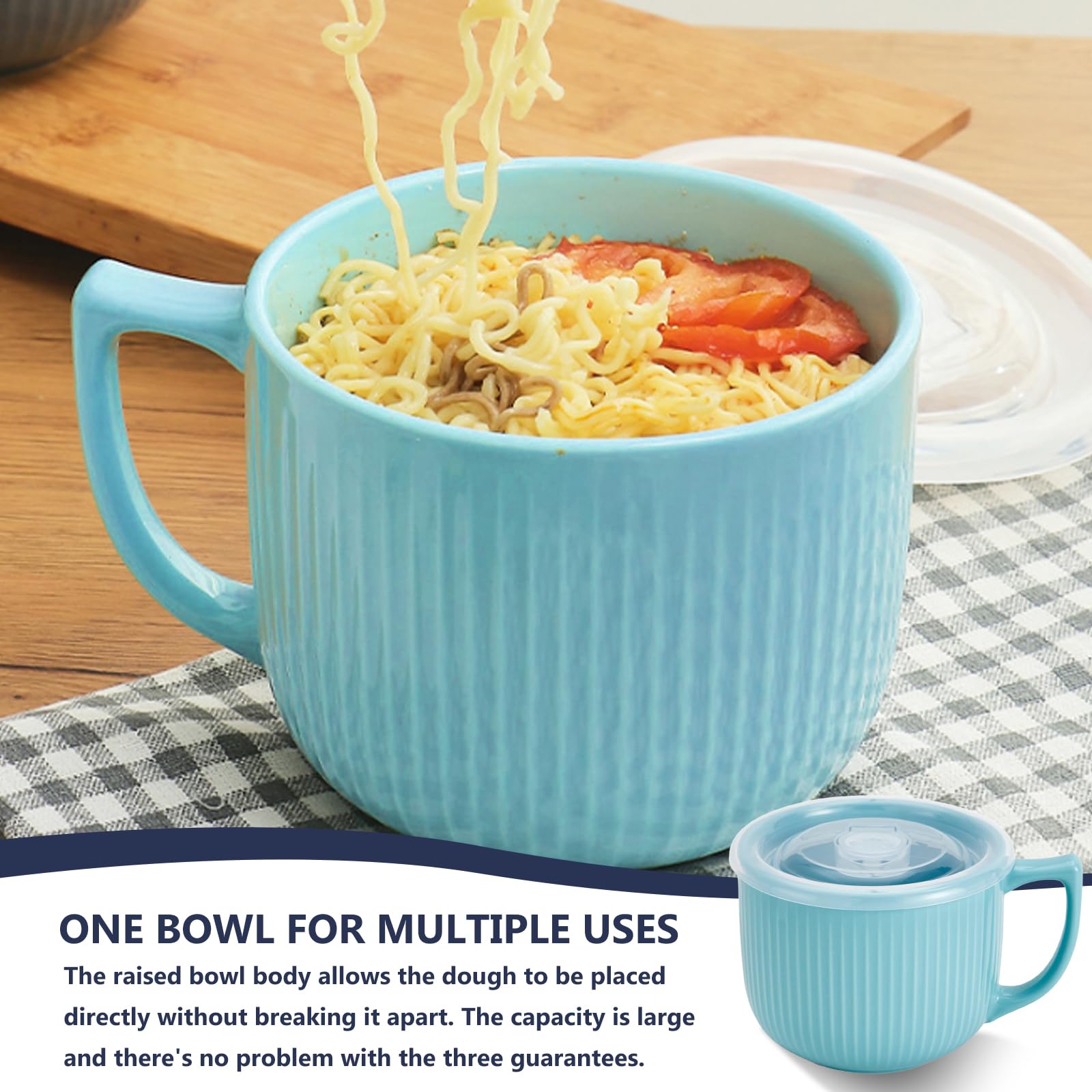 Keramik Suppenschüssel mit Henkel, 900ml Mikrowellen Suppentassen mit Deckel, Ramen Schüssel, Kaffeetasse Groß für Mittagessen, Nudeln, Obst, Müsli (Blau)