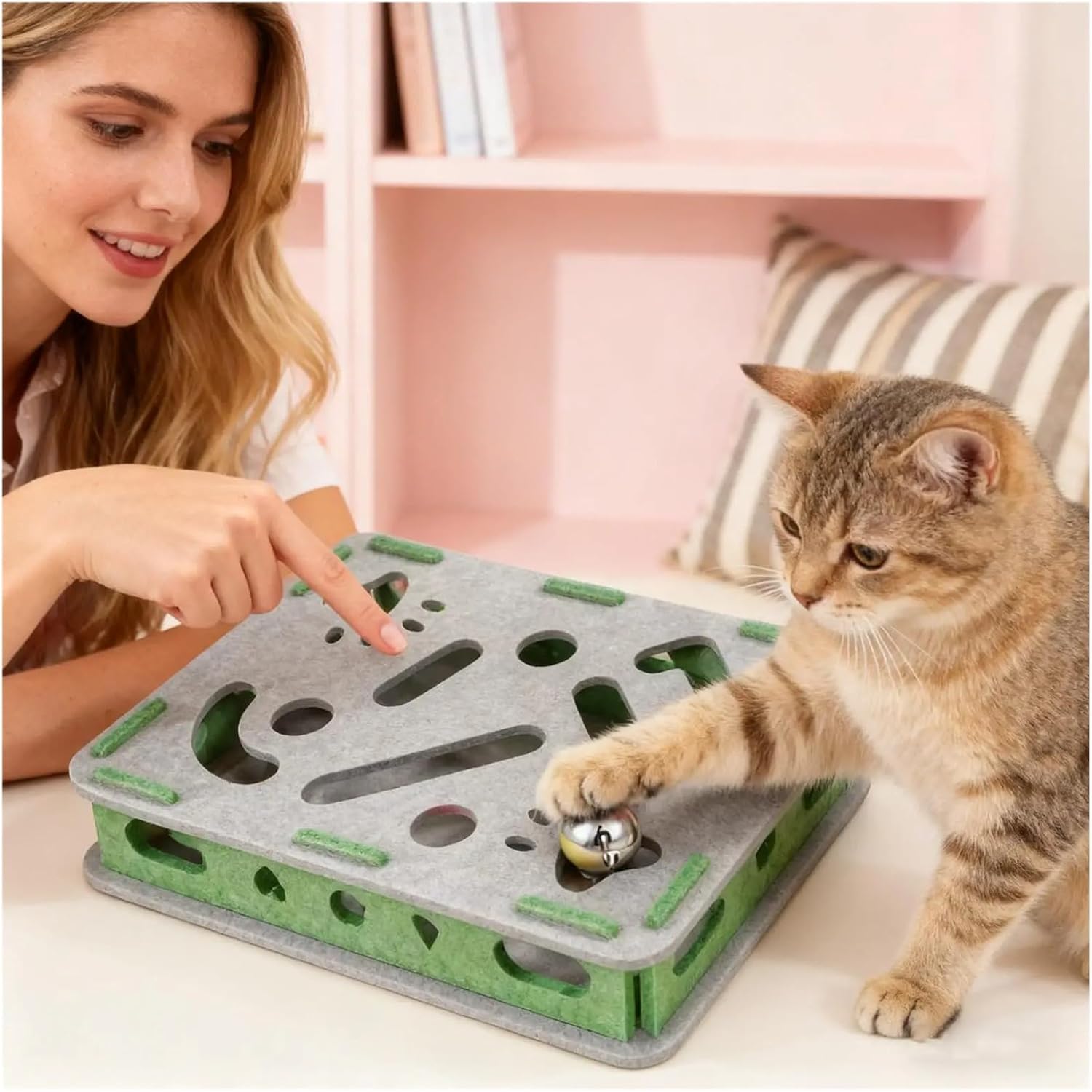 Cat Nail File Enrichment Box Silent Trimmer Interactive with 2 Bell Balls Felt Cat Scratch Puzzle for Kitten Dog Small Medium(Green)