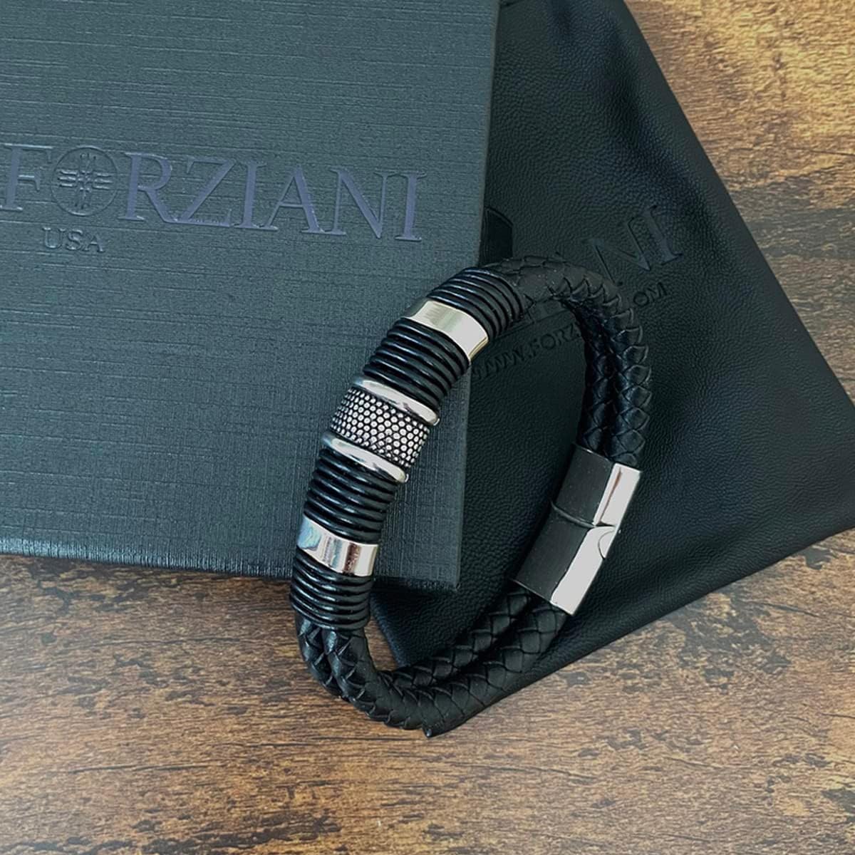 Forziani Original MARK WAHLBERG Bracelet - Premium Black Nappa Woven Leather Bracelet for Men - Size Large - Gift Box Packaged - Best Gift for Men