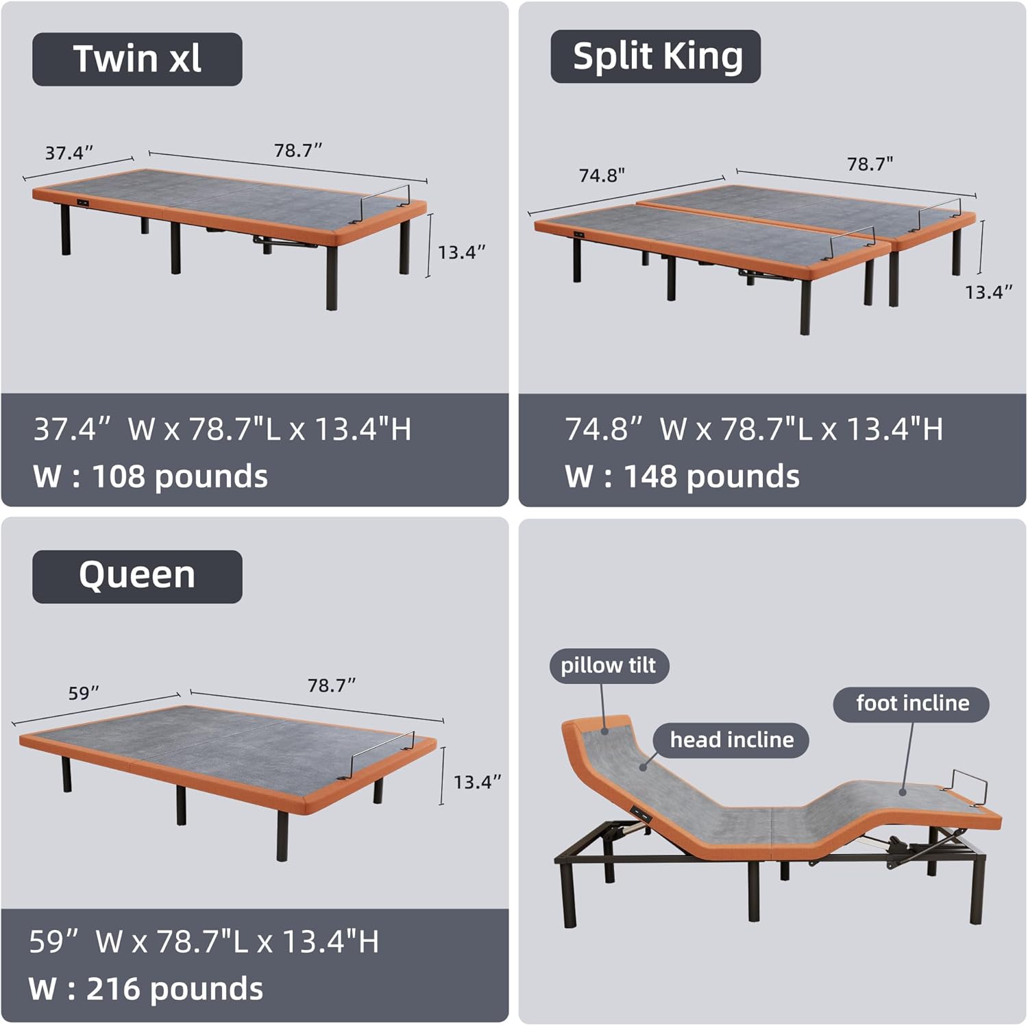 Diagram showing dimensions and weight for Twin XL, Split King, and Queen adjustable bed frames.