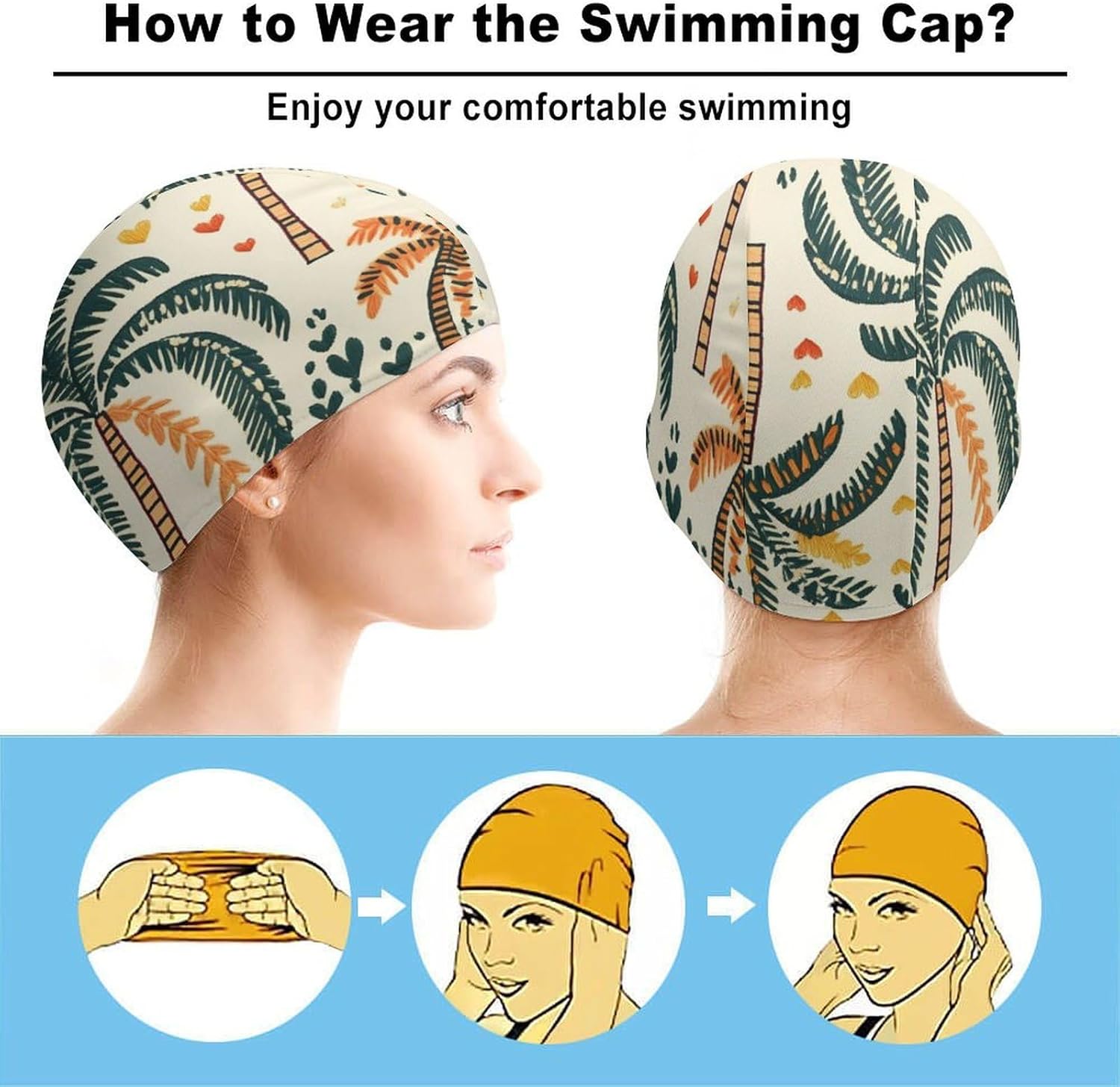 Tropical Palms Tree Leopards Womens Swim Cap for Men Adult Swimming Hat Curly Short Medium Long Hair