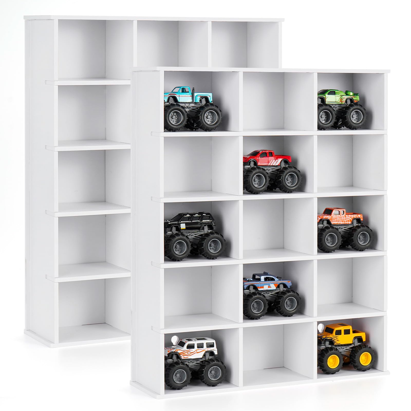Krafetto Monster Truck Schaukasten mit 15 Fächern, Spielzeugauto Aufbewahrung und Display-Regal für Monster Trucks und Modellautos, Wandregal/Standregal fürs Kinderzimmer, Weiß 2 Stück
