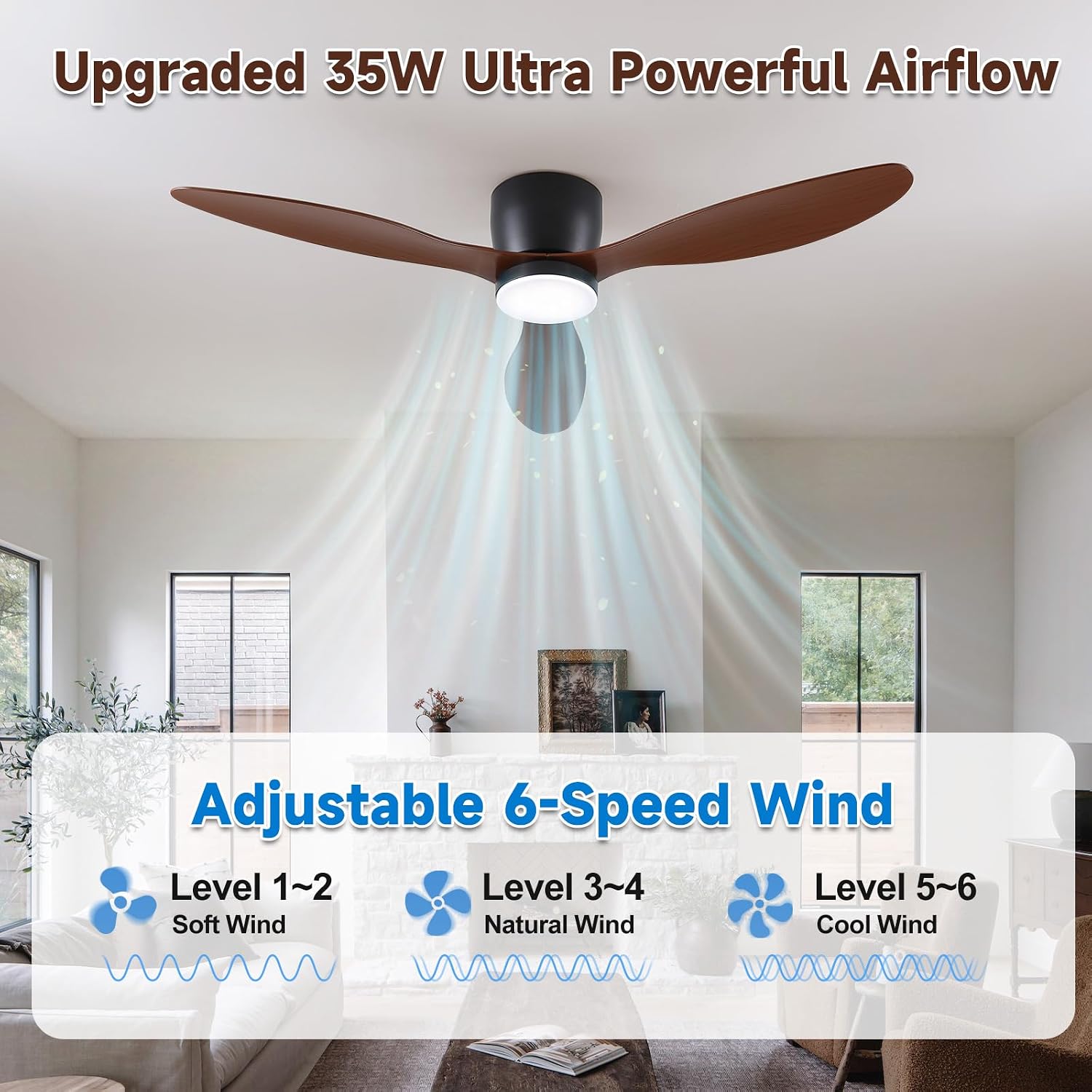 Low-Profile Ceiling Fan with Light - 52 Inch Flush Mount Modern Ceiling Fans with Remote Control/App, Dimmable 3CCT, 35W DC Motor, for Indoor Bedroom Living Room
