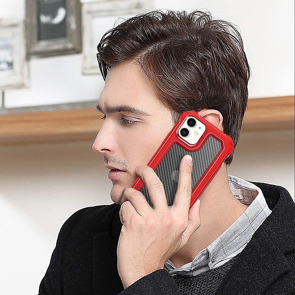SUPBEC iPhone 11 Case, Slim Carbon Fiber Shockproof Protective Cover with Screen Protector [x2] [Military Grade Drop Protection] [Anti Scratch & Fingerprint], Phone Cases for iPhone 11, 6.1", Red
