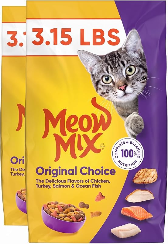 Ração seca para gatos adultos Meow Mix Original Choice com sabores de frango, peru, salmão e peixe oceânico, Pacote com 2 sacos de 1,43 kg