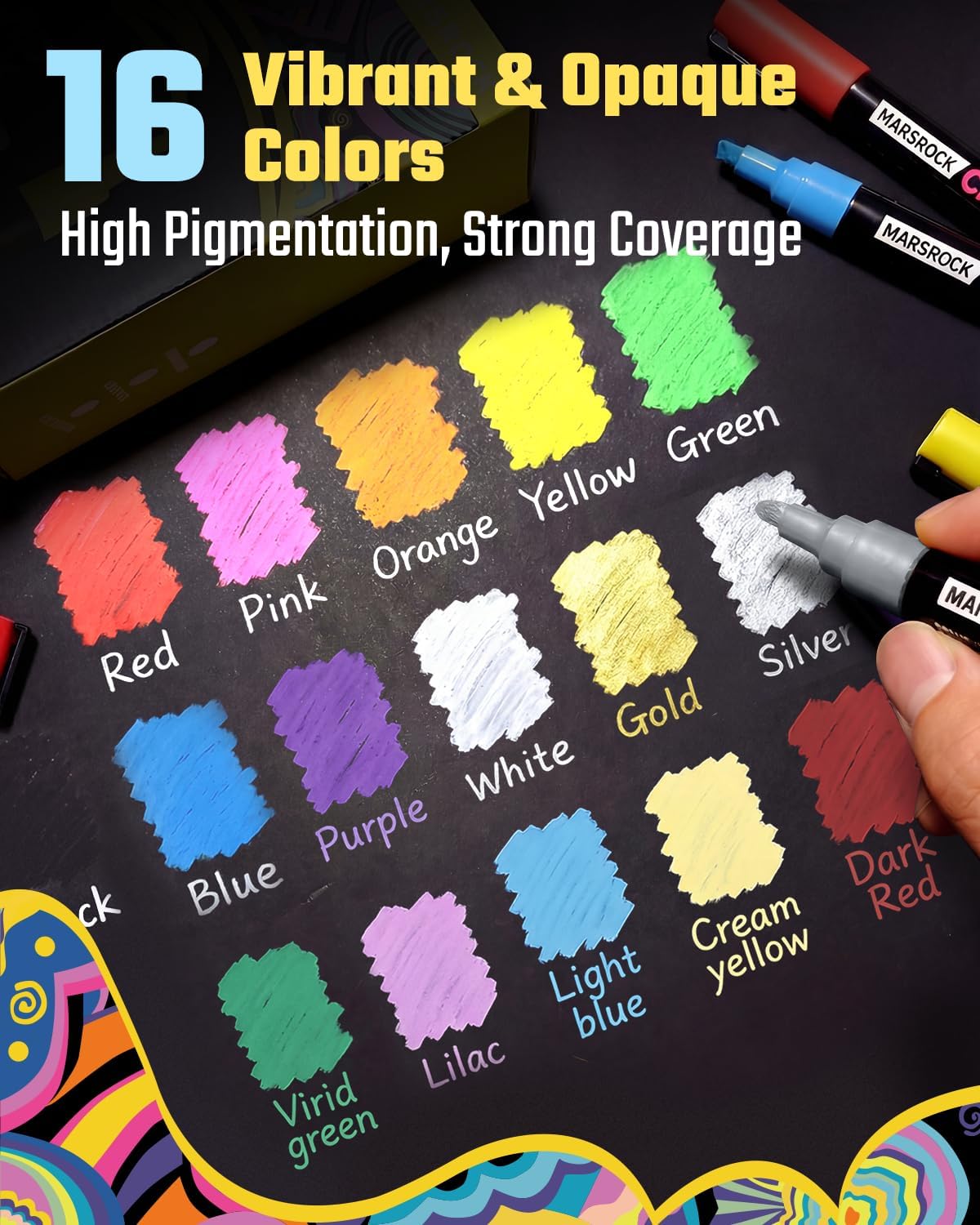 Marsrock Liquid Chalk Markers,16 Vibrant Colors Chalk Pens, Reversible Tip, Wet Erase, Water-Based Chalkboard Markers for Blackboards, Windows, Glass, Mirrors, Signs,Car– Ideal for Restaurants & Home