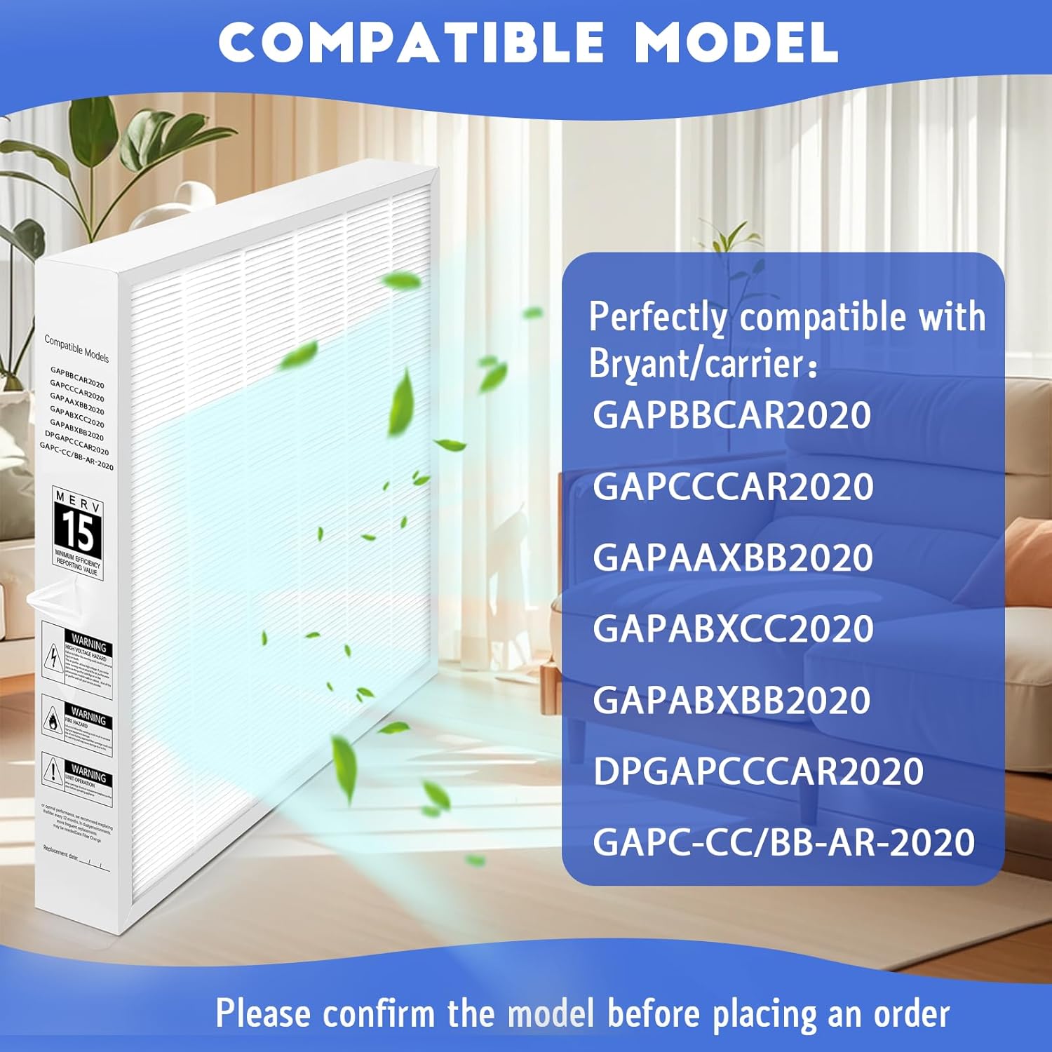 Upgraded GAPCCCAR2020 Replacement Air Filter for Compatible with Bryant/Carrier Infinity 20" x 20"x3.5"GAPBBCAR2020 GAPAAXBB2020 GAPABXCC2020 HAVC System,MERV15,Actual Size: 20.9x21,5x 3.5Inch 1 Pack