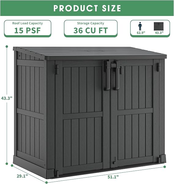 Outdoor Horizontal Resin Storage Shed,Portable Outdoor Storage Cabinet 36 Cu Ft with Lockable Doors -Waterproof Storage Box for Backyards,Easy to Assemble Black