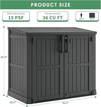 Outdoor Horizontal Resin Storage Shed,Portable Outdoor Storage Cabinet 36 Cu Ft with Lockable Doors -Waterproof Storage Box for Backyards,Easy to Assemble Black