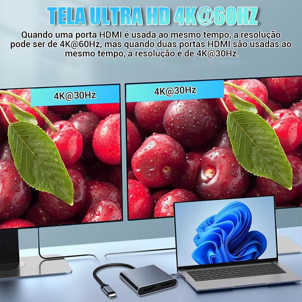 Hub Hdmi para 2 Monitores, Adaptador Usb para Hdmi, Adaptador Usb-c para Hdmi, Usb C Para 2 Hdmi 4k 60Hz