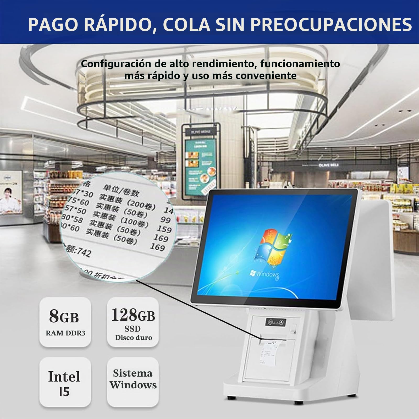 Caja registradora táctil de Doble Pantalla con Pantalla táctil Dual de 15,6", Impresora térmica integrada de 58mm, 8 GB de RAM, SSD de 128 GB, para restaurantes comerciales y minoristas